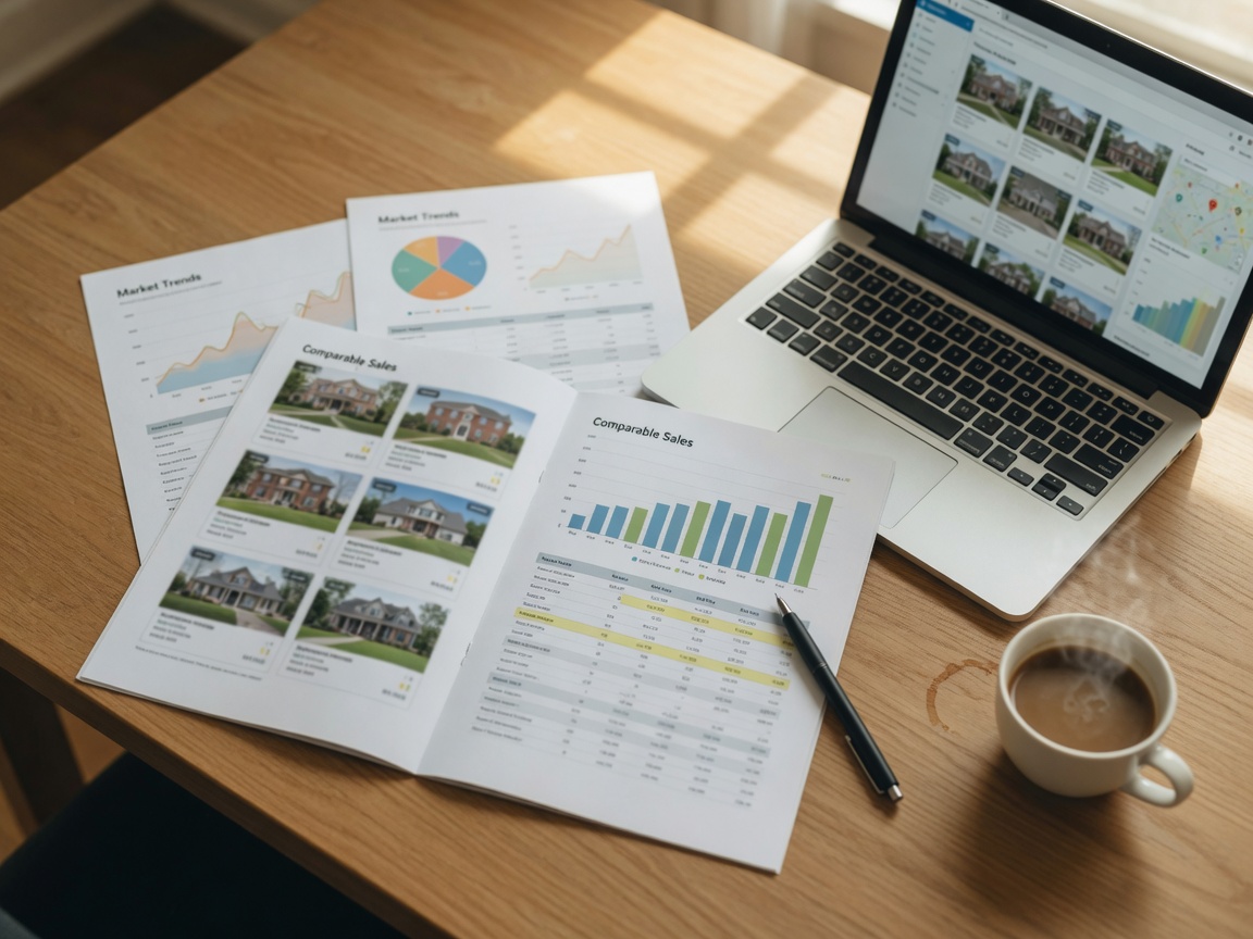 Market analysis documents and a laptop showing property data on a wooden desk