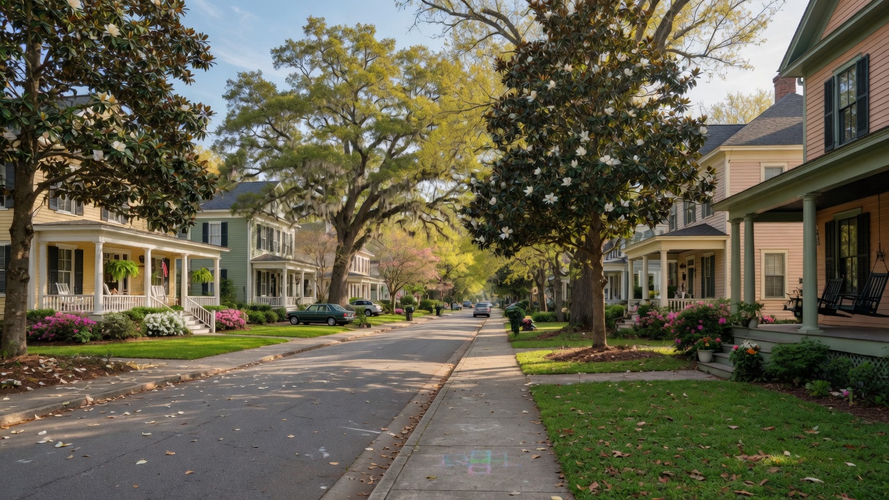 Southern style home in Augusta Georgia with front porch and mature trees