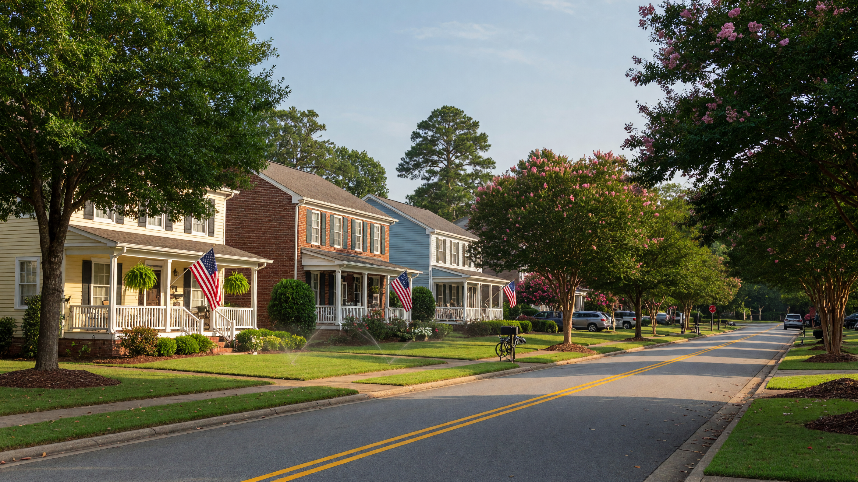 Tree-lined residential street with well-maintained homes in the Augusta, Georgia area on a sunny afternoon
