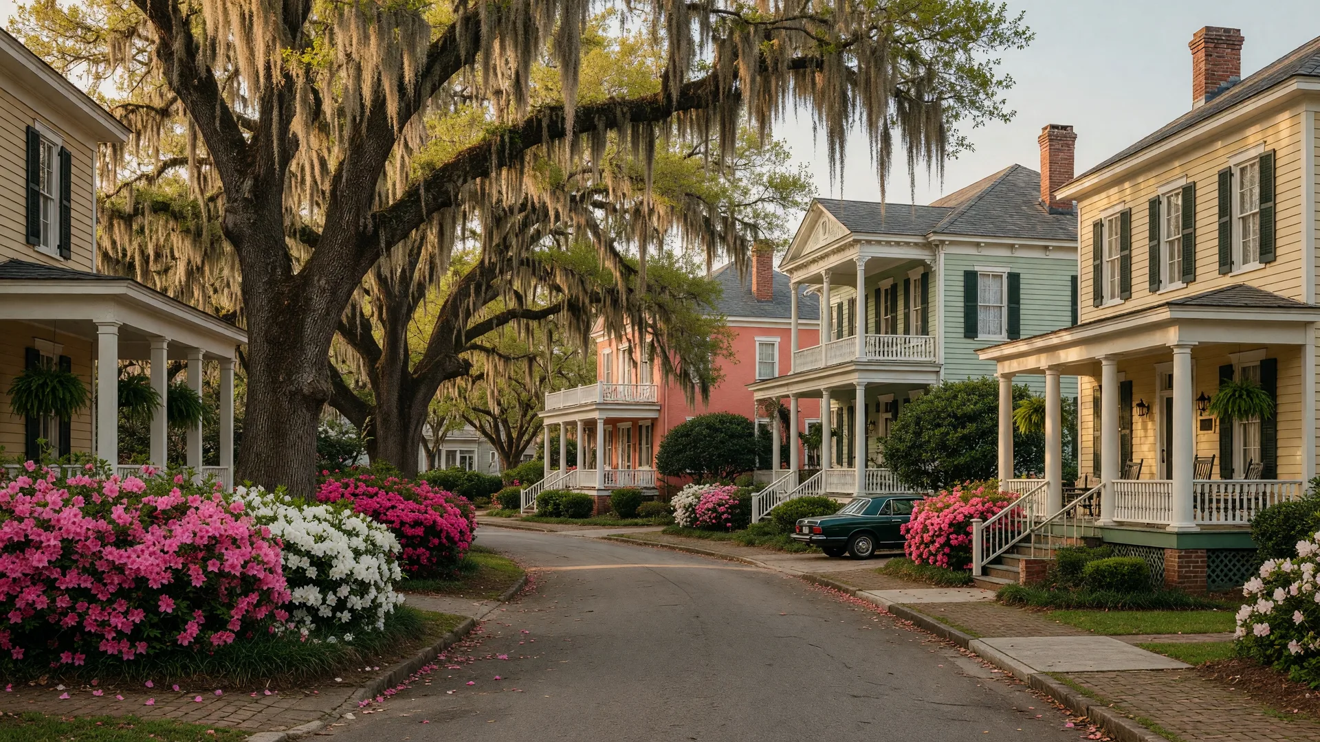 Summerville neighborhood in Augusta GA with historic homes and blooming azaleas during Masters Week