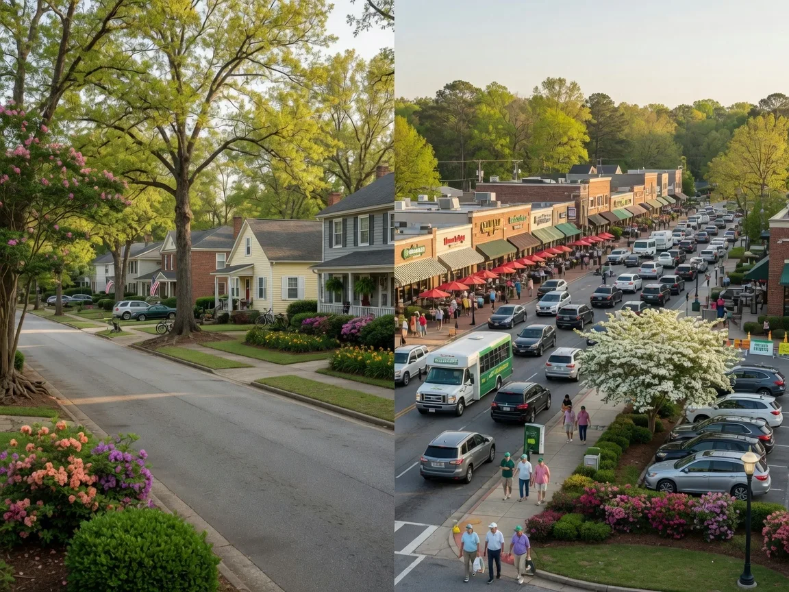 Comparison of quiet North Augusta SC neighborhood and busy Washington Road in Augusta during Masters Week