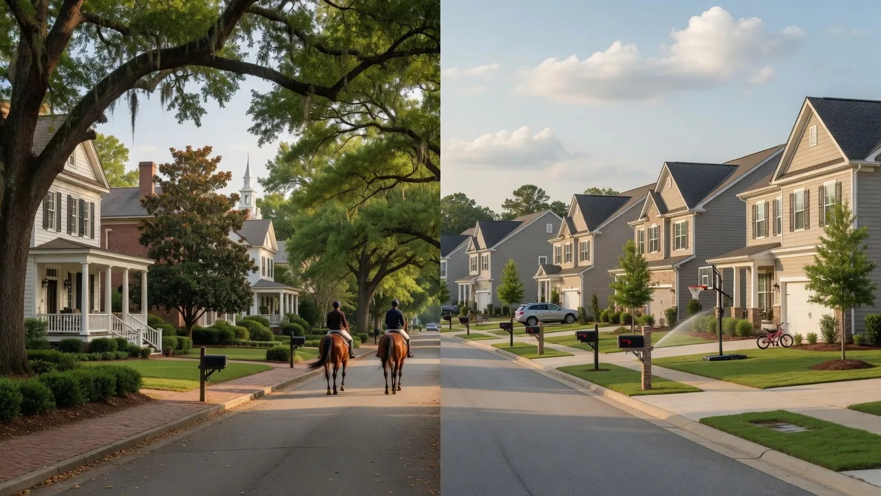 Downtown Aiken South Carolina with tree-lined streets and historic storefronts
