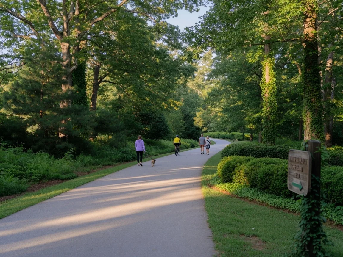 The North Augusta Greeneway Trail lined with mature trees and greenery on a sunny morning with walkers and cyclists enjoying the paved pathway
