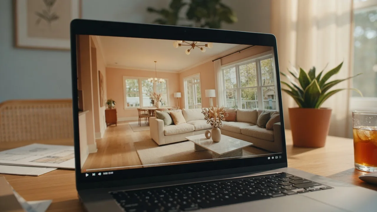 Walkthrough video of a staged home playing on a laptop
