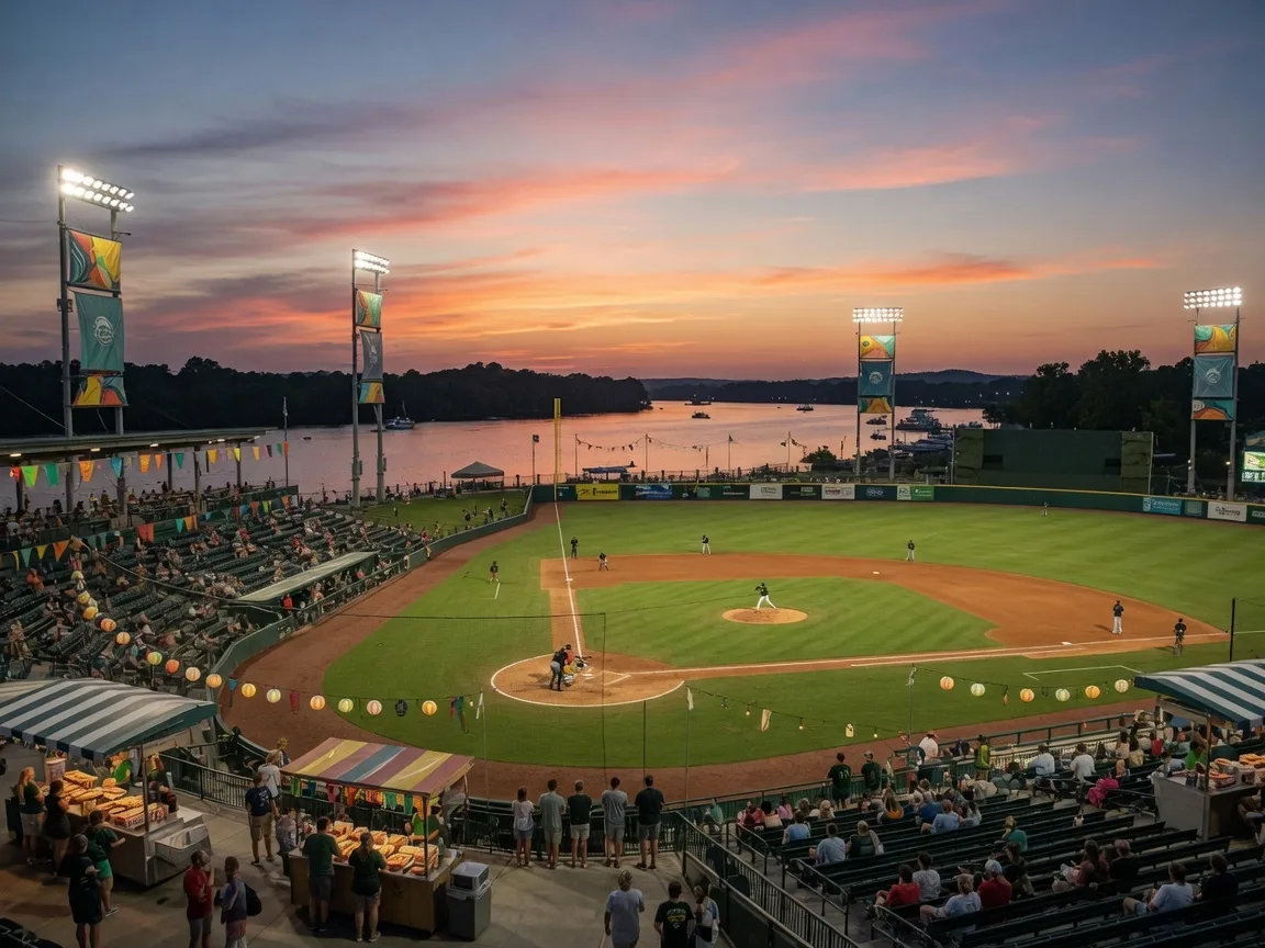 SRP Park baseball stadium in North Augusta SC during a GreenJackets game with fans in the stands and the Savannah River visible beyond the outfield