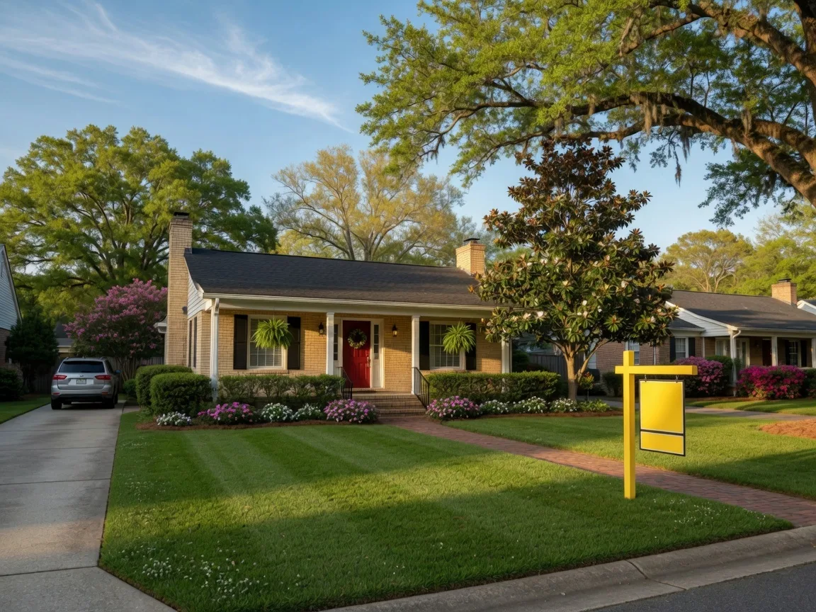 A well-maintained home in Augusta GA with a for sale sign in the front yard on a sunny morning