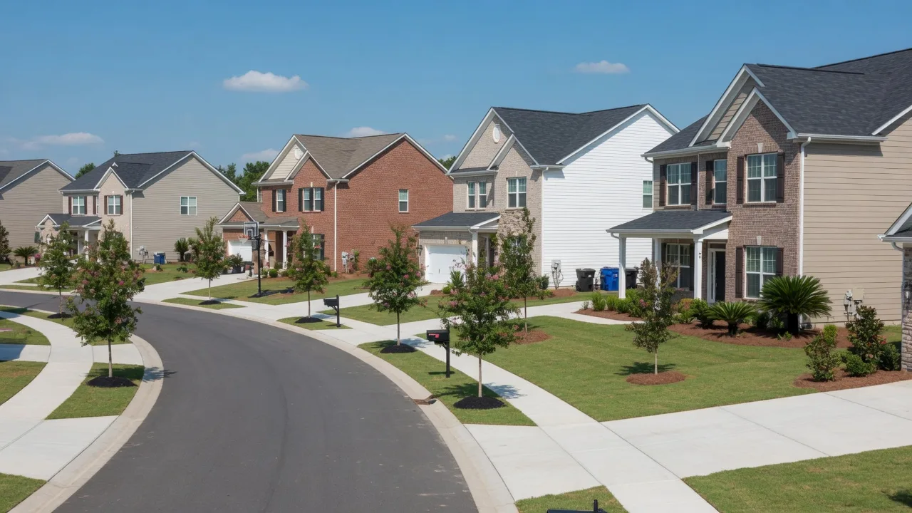 Modern suburban neighborhood in Aiken SC with newer homes and manicured lawns