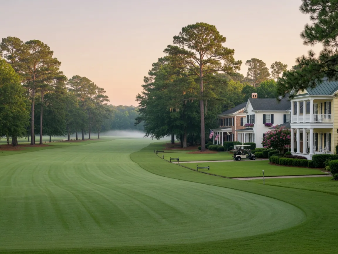 Horse property in Aiken South Carolina with white barn, grazing horses, and post-and-rail fencing