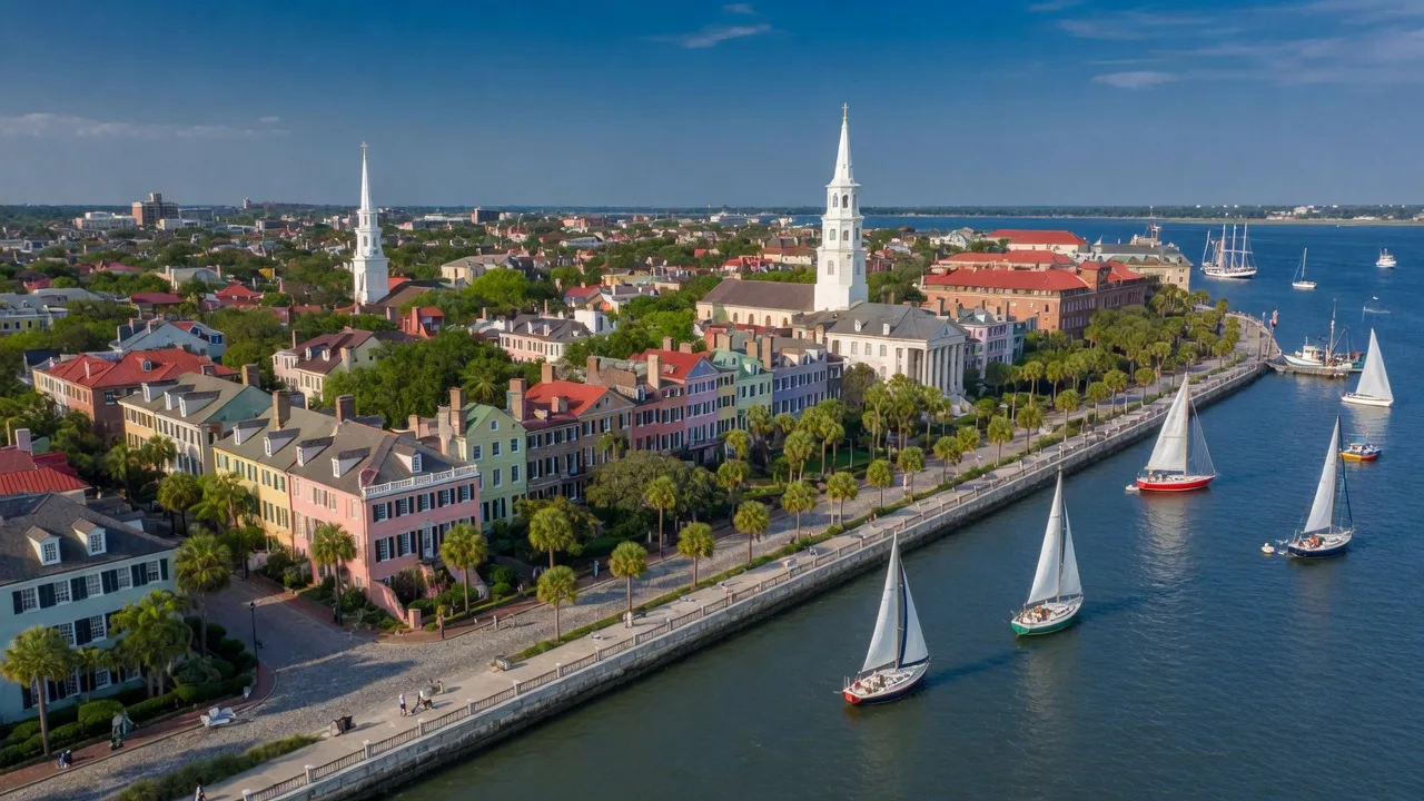 Charleston SC waterfront with historic mansions and sailboats in the harbor