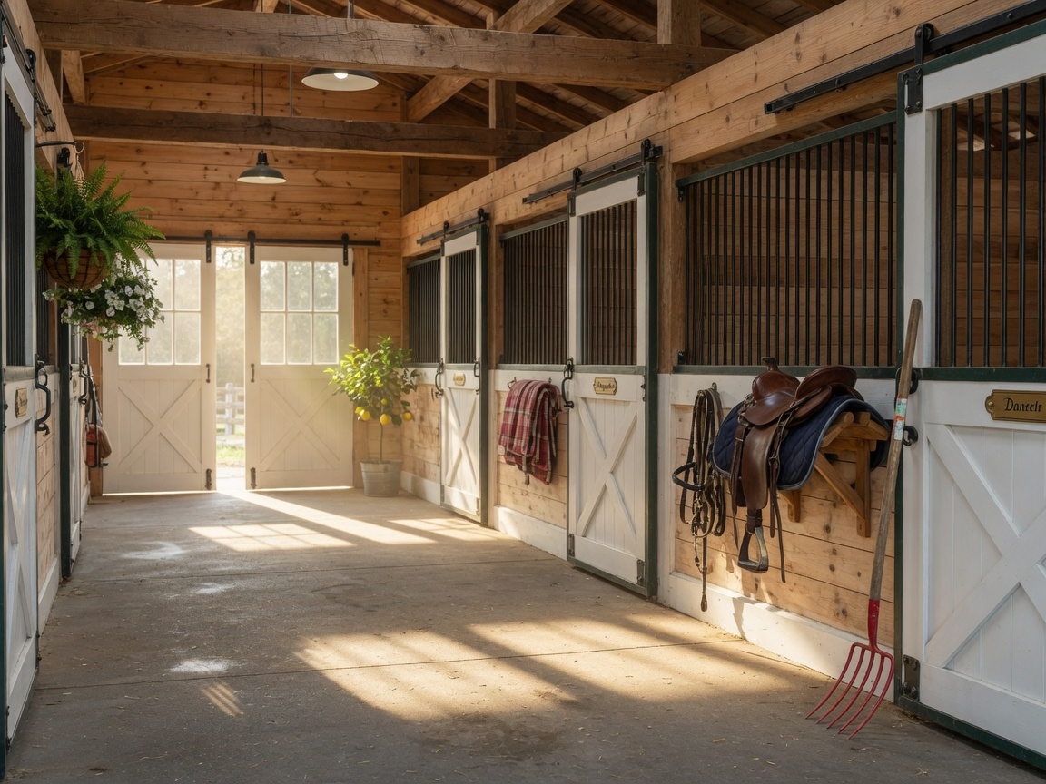 Interior of a well-maintained horse barn with wooden stalls and natural light