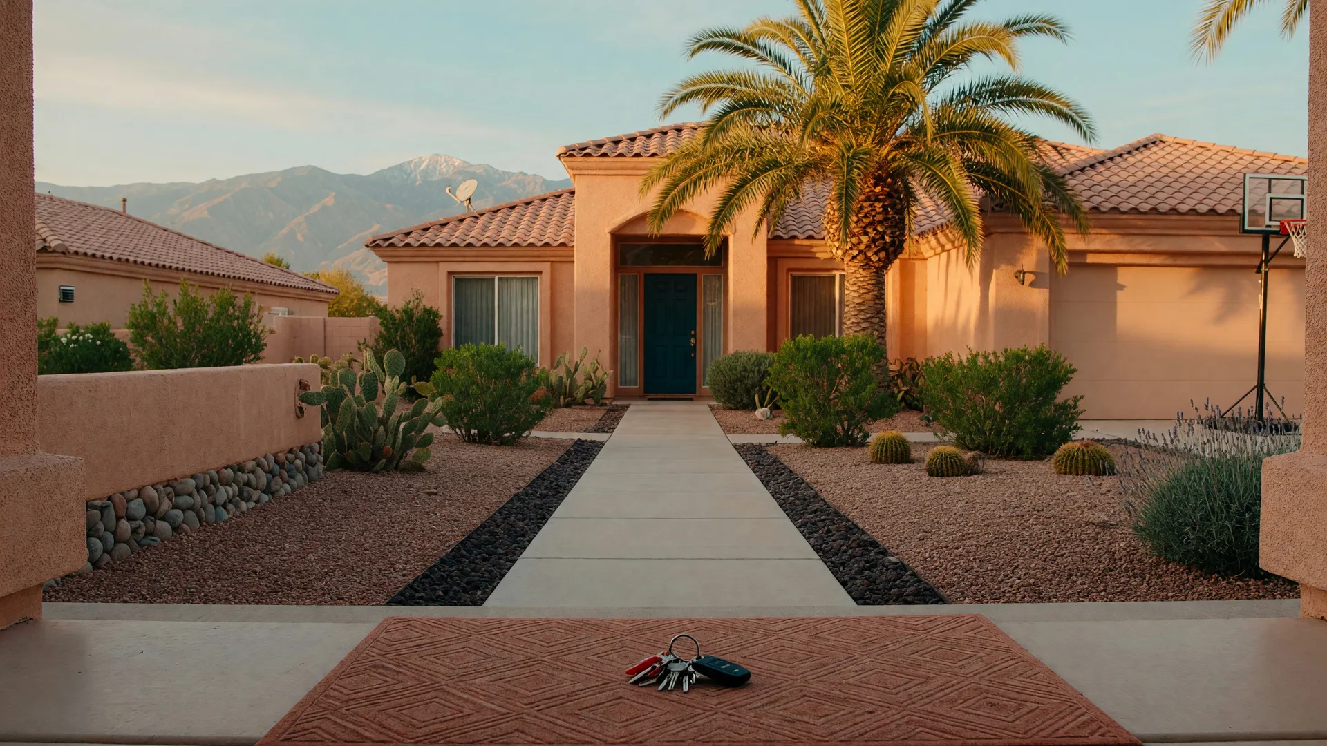 Modern Las Vegas suburban home with desert landscaping and keys on the front step