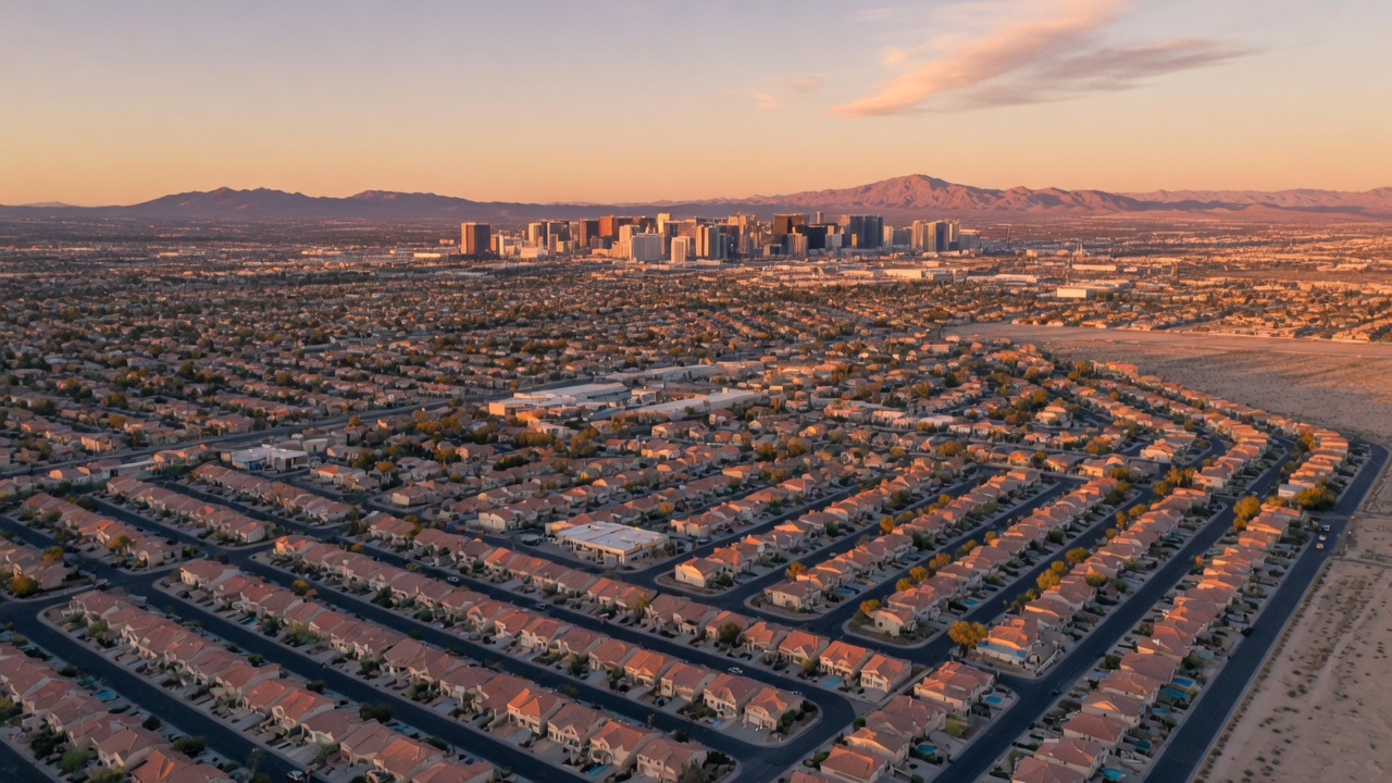 Aerial view of Las Vegas suburban neighborhoods stretching toward the Strip skyline at golden hour