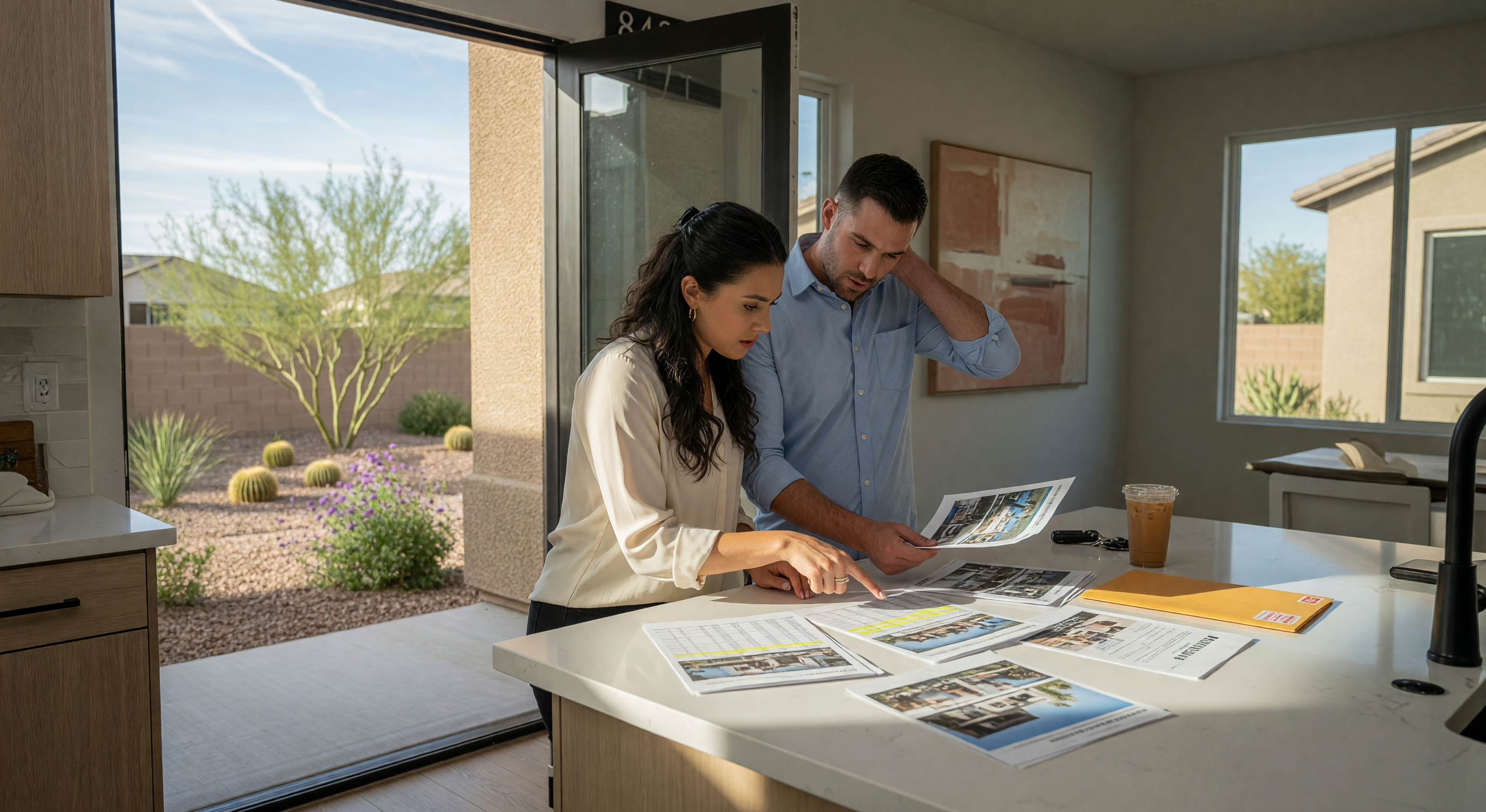 Couple reviewing real estate listings at a kitchen counter