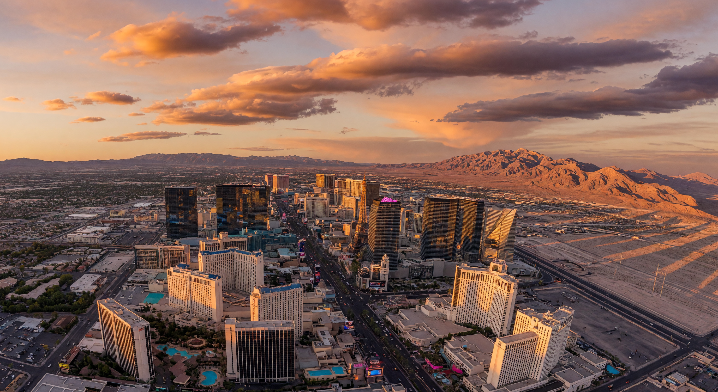 Aerial view of the Las Vegas skyline at golden hour