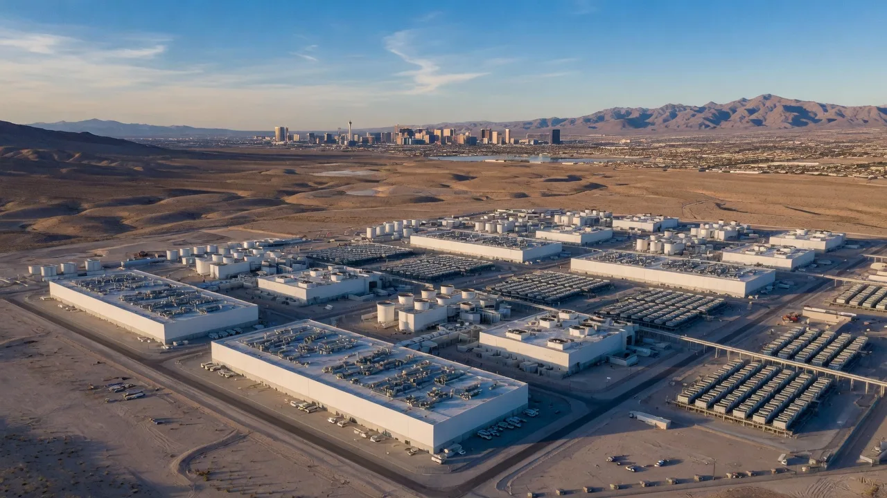 Aerial view of a modern data center campus in the Las Vegas valley with desert landscape and distant mountains