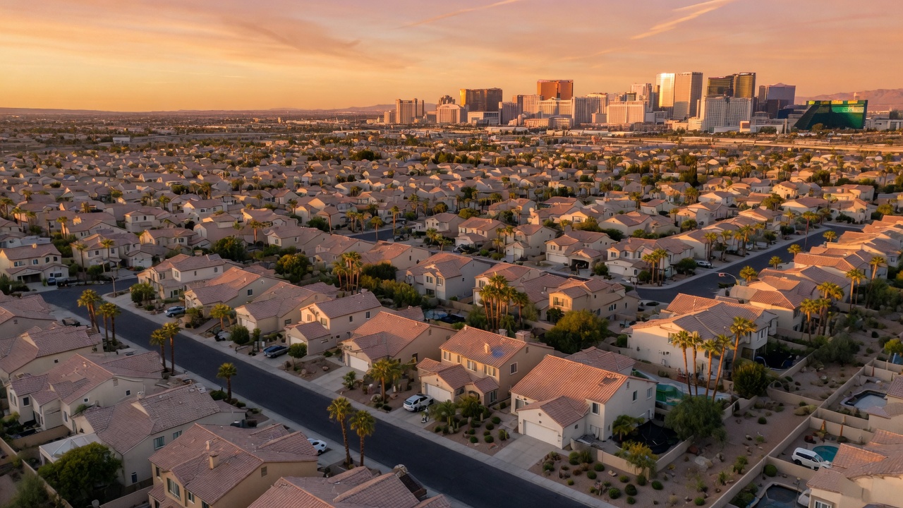 Aerial view of Las Vegas suburban neighborhoods with the Strip skyline in the distance at golden hour