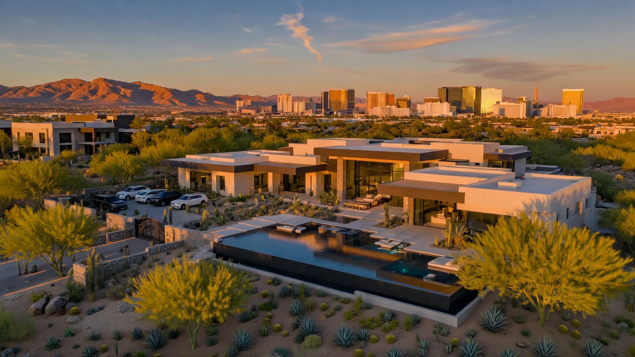 Luxury desert estate with infinity pool and Las Vegas skyline views at golden hour