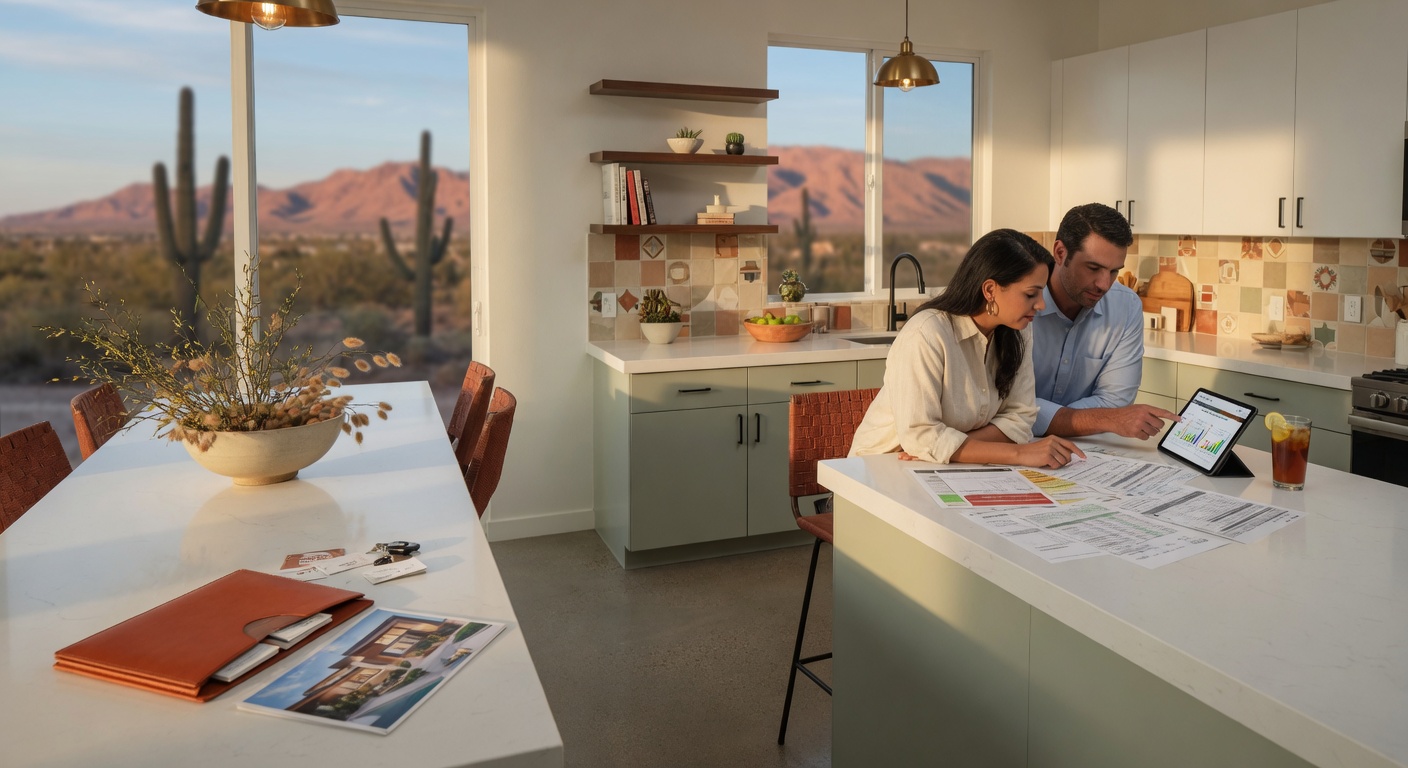 Couple reviewing mortgage documents at a kitchen island