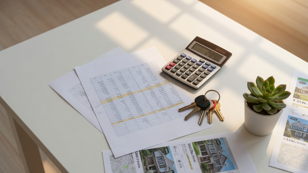 Calculator, house keys, and financial documents for Las Vegas investment property analysis