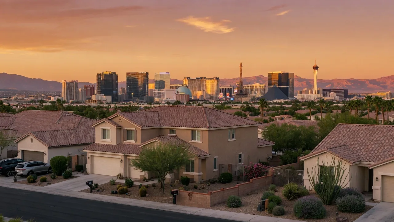Aerial view of Las Vegas suburban neighborhoods with the Strip skyline in the distance