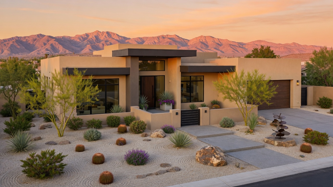 Modern Las Vegas suburban home with desert landscaping at golden hour