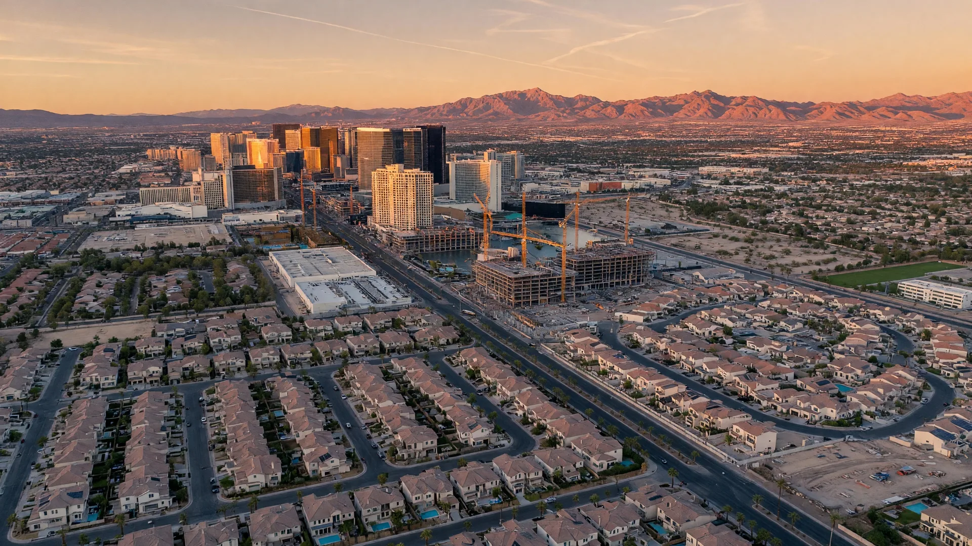 Aerial view of Las Vegas Strip and suburbs at golden hour with mountains in the distance