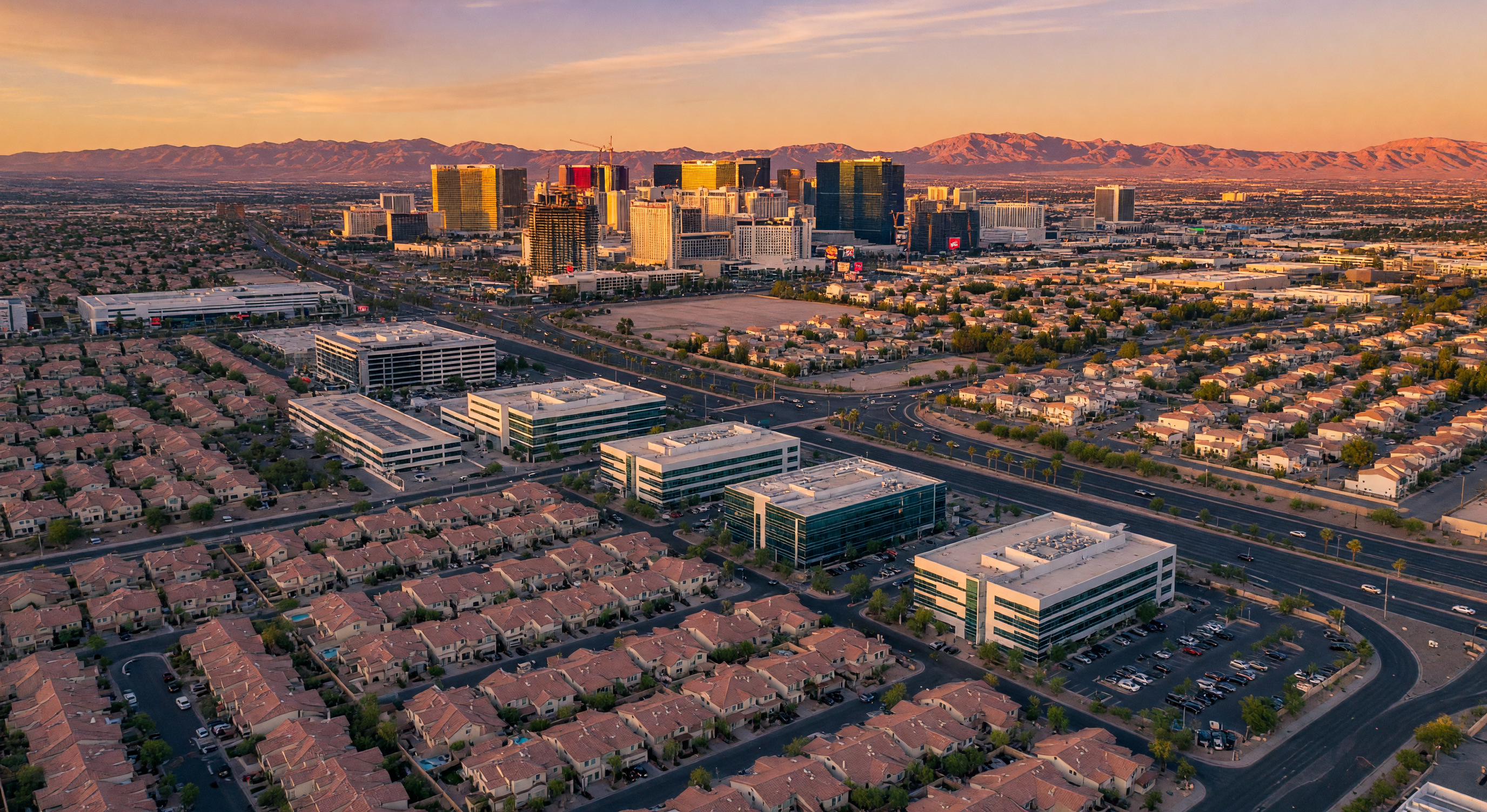 Aerial view of Las Vegas valley with tech offices and residential neighborhoods