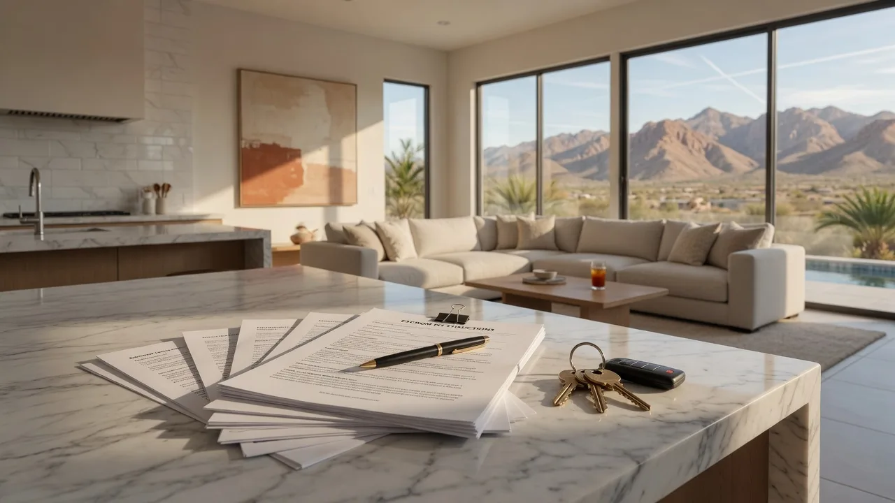 Real estate purchase documents and house keys on a kitchen island