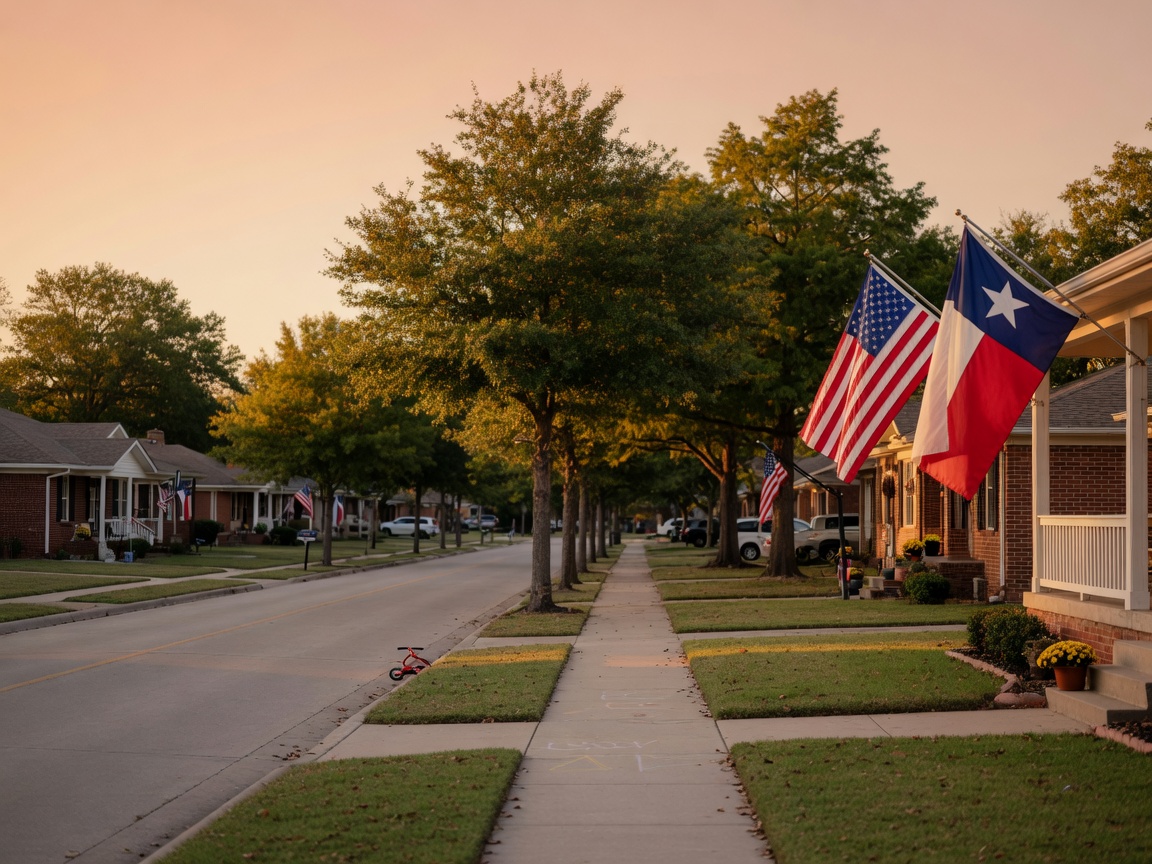 A welcoming veteran-friendly home entrance in a North Texas community with American flag garden accents and native landscaping