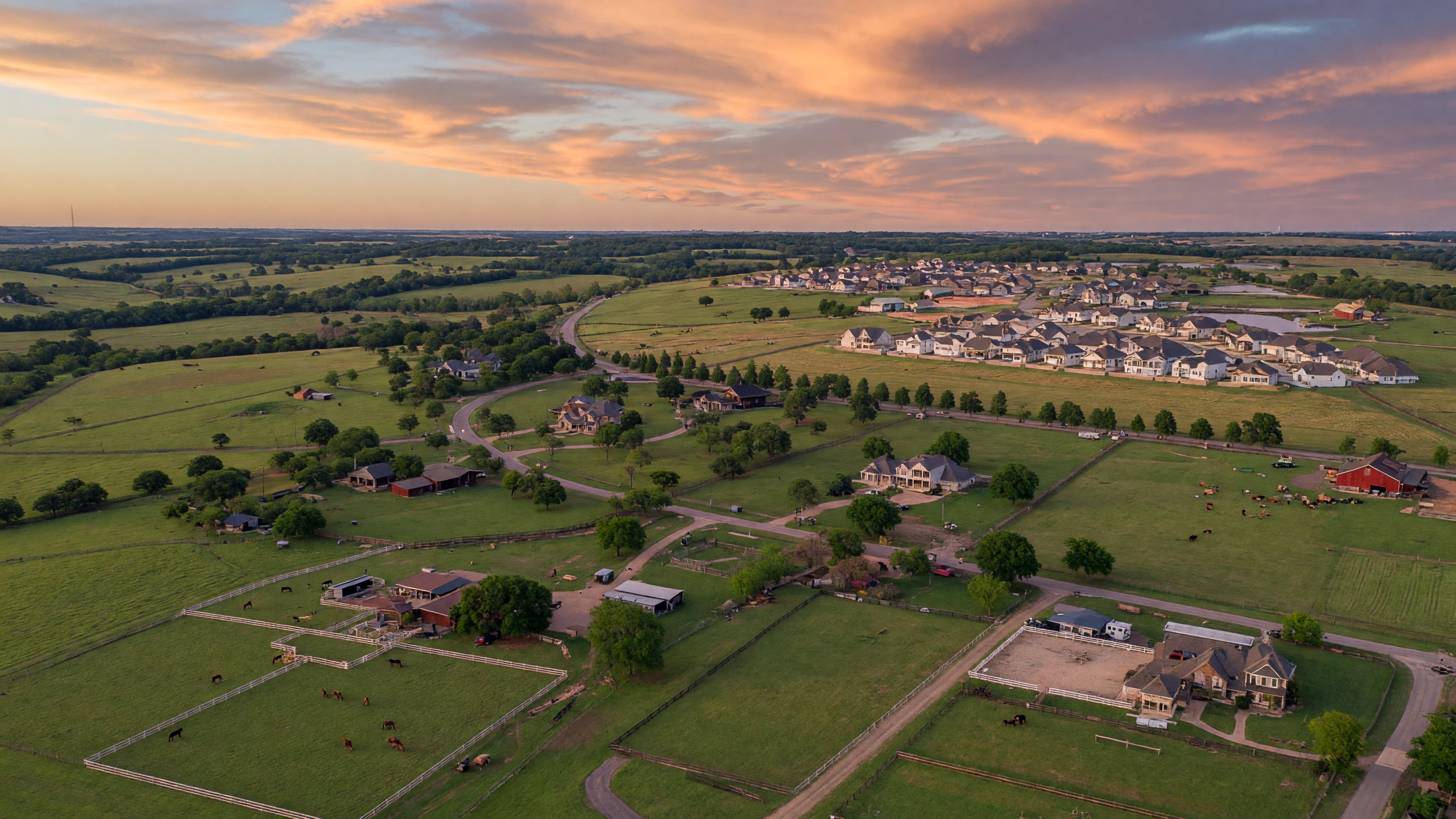 Rolling countryside and residential communities in Argyle, Texas, wide open spaces, large lots, and the rural charm of Denton County