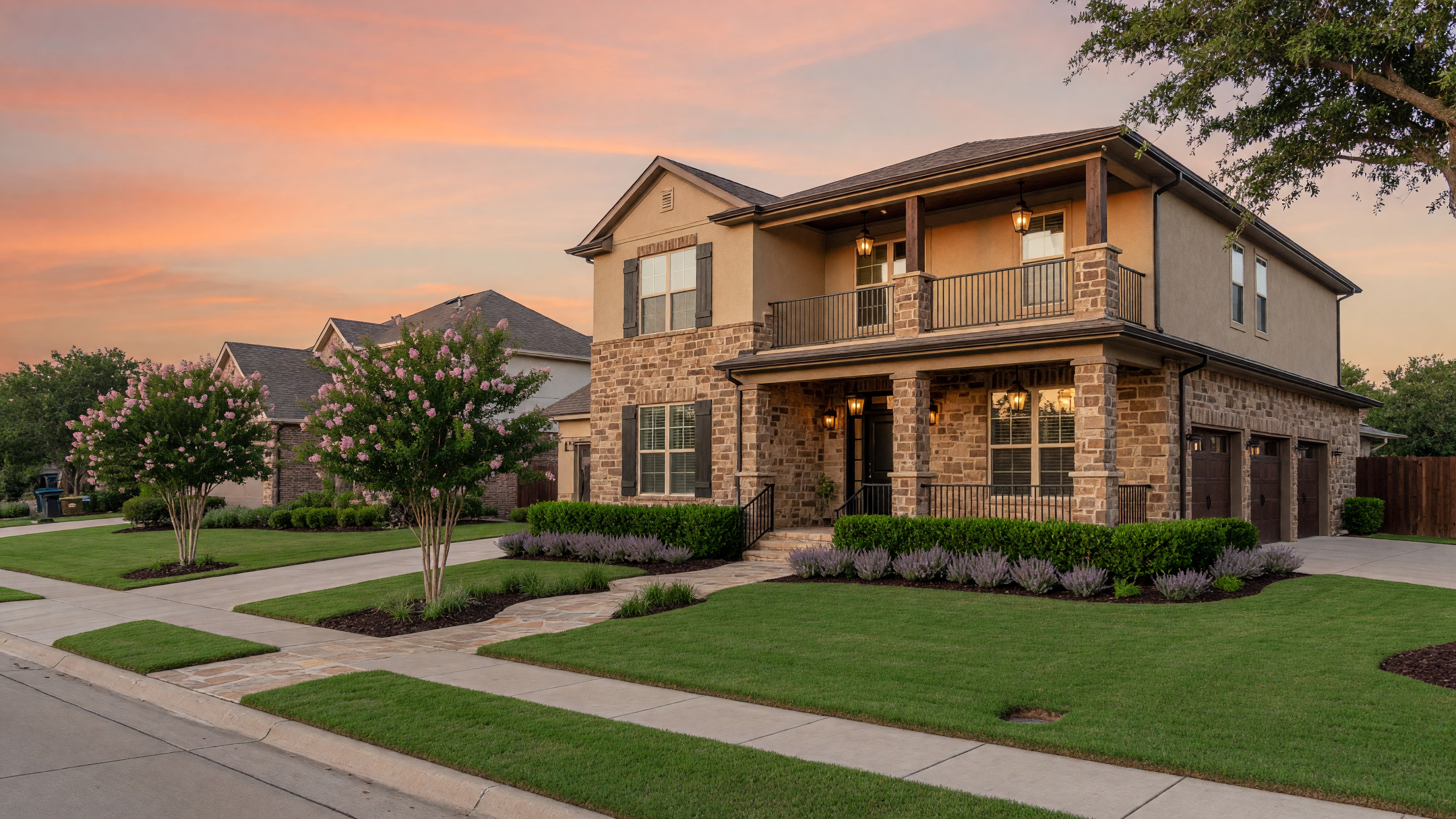 Beautiful modern home exterior in North Texas at golden hour