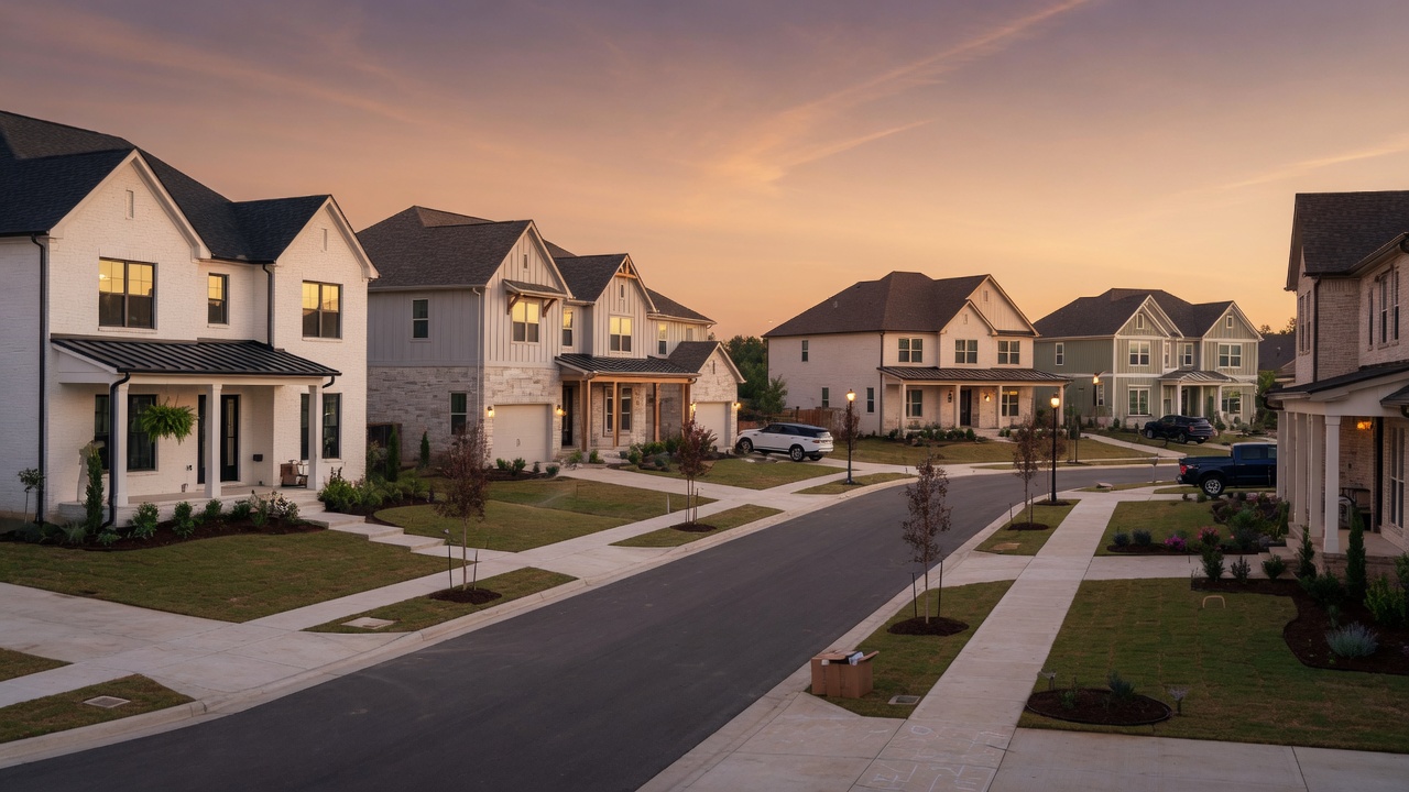 Modern new construction home exterior in a North Texas master-planned community at golden hour