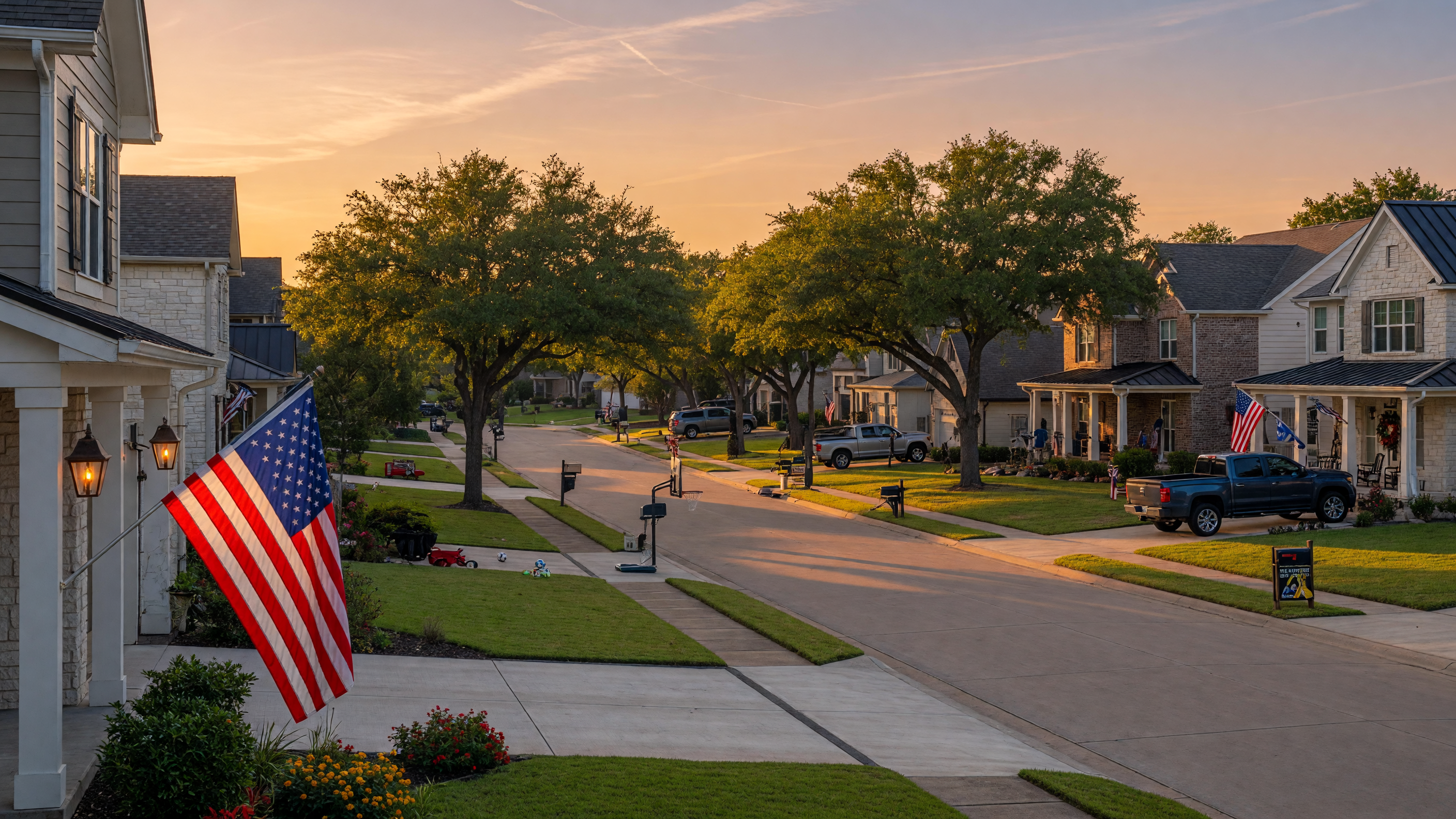 A welcoming North Texas neighborhood with an American flag displayed on a front porch at golden hour