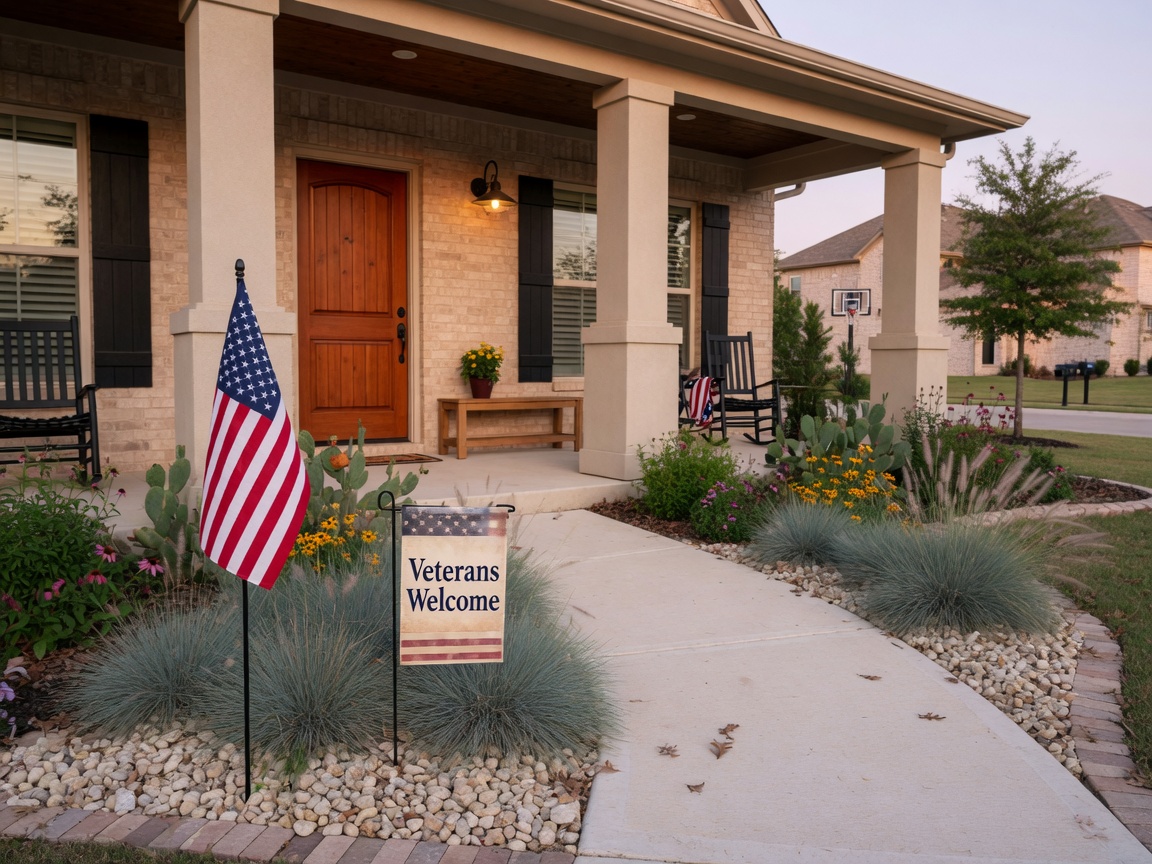 A tree-lined residential street in a North Texas suburb with American and Texas flags displayed on front porches, evoking veteran-friendly community pride