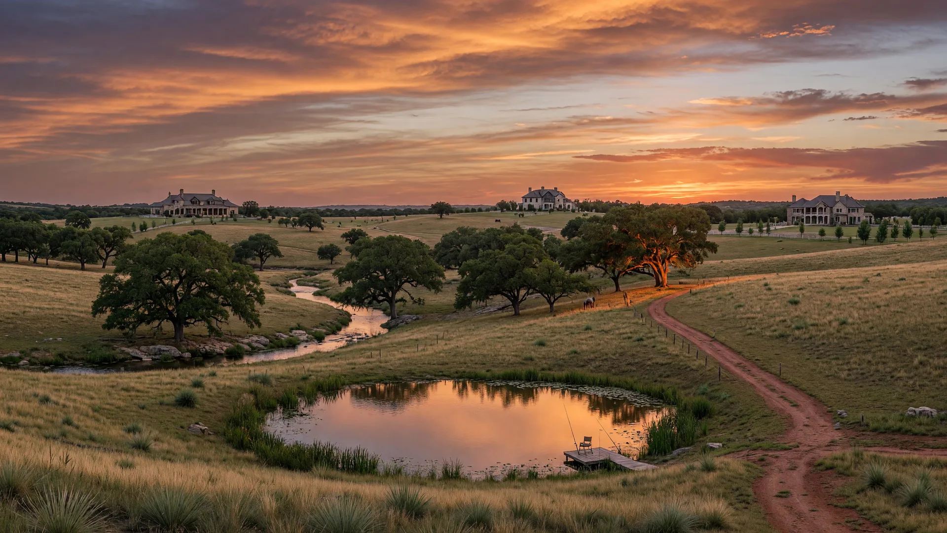 Aerial landscape view of a rolling North Texas property at golden hour, with mature oak trees, a winding creek, and open prairie suggesting the Wildhaven development site