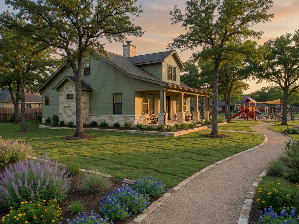 A half-acre homesite in Paloma Ranch, Justin, Texas showing a new craftsman-style home with sage green siding and stone accents, large front yard, and a walking path in the foreground