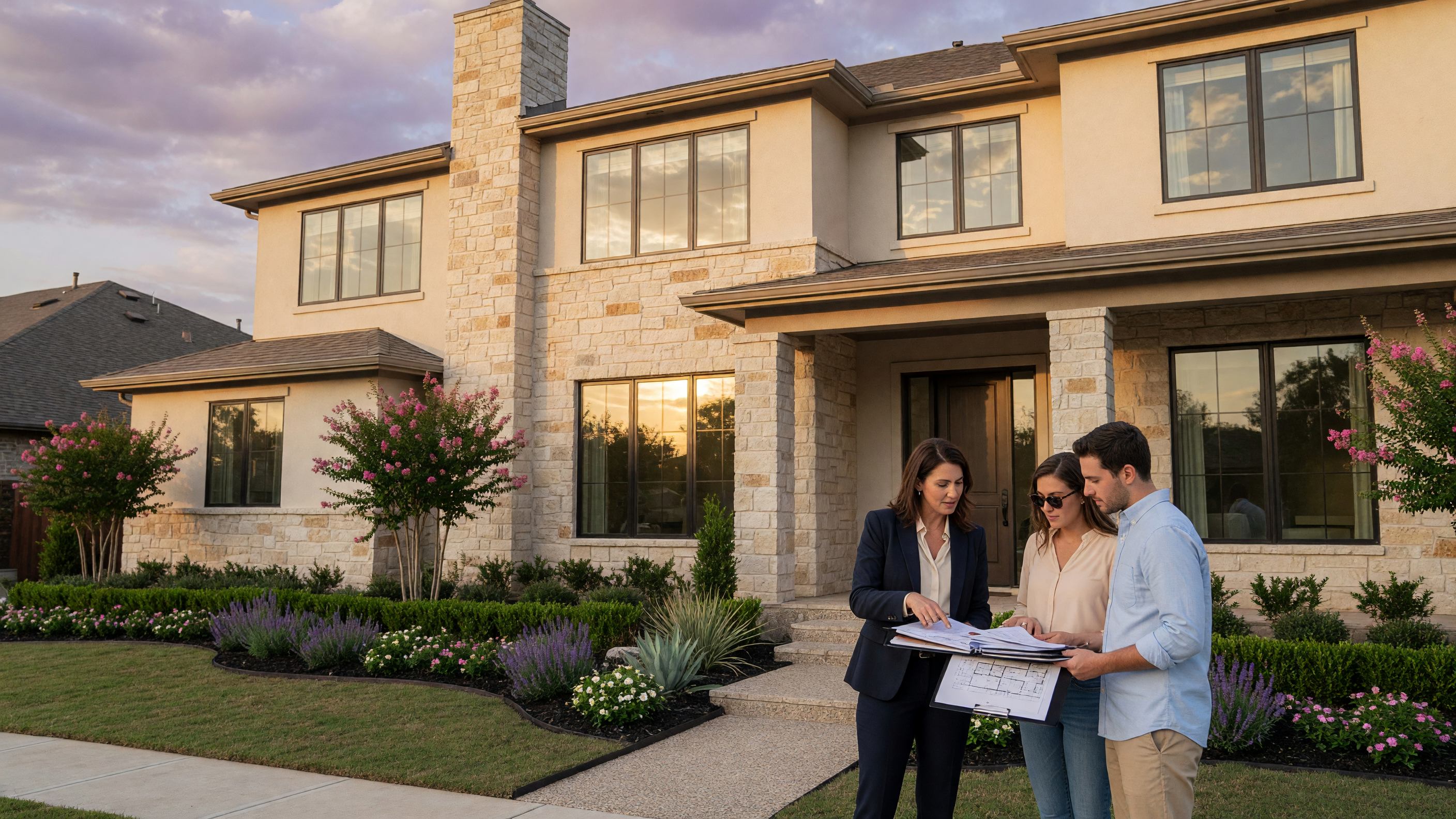 Real estate broker advising buyers at a new construction model home in North Texas