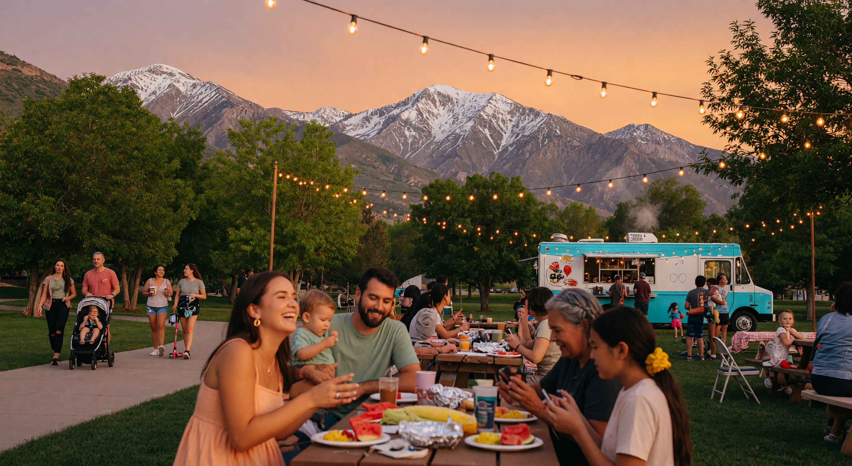 Community gathering along the Wasatch Front with mountains in the background