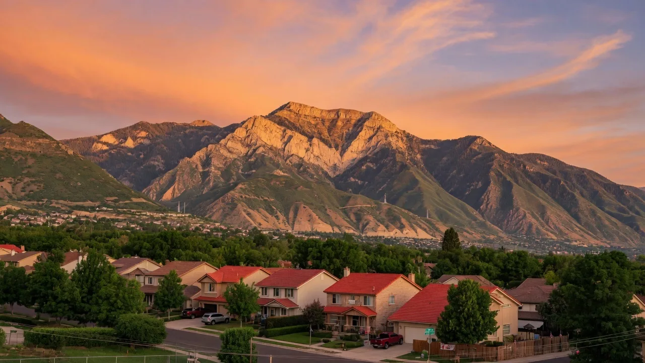 Wasatch Front mountains glowing at sunset over a Utah neighborhood in summer