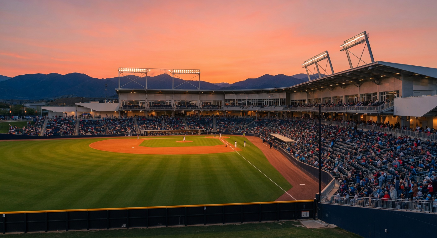 Modern baseball stadium at golden hour with mountains in the background
