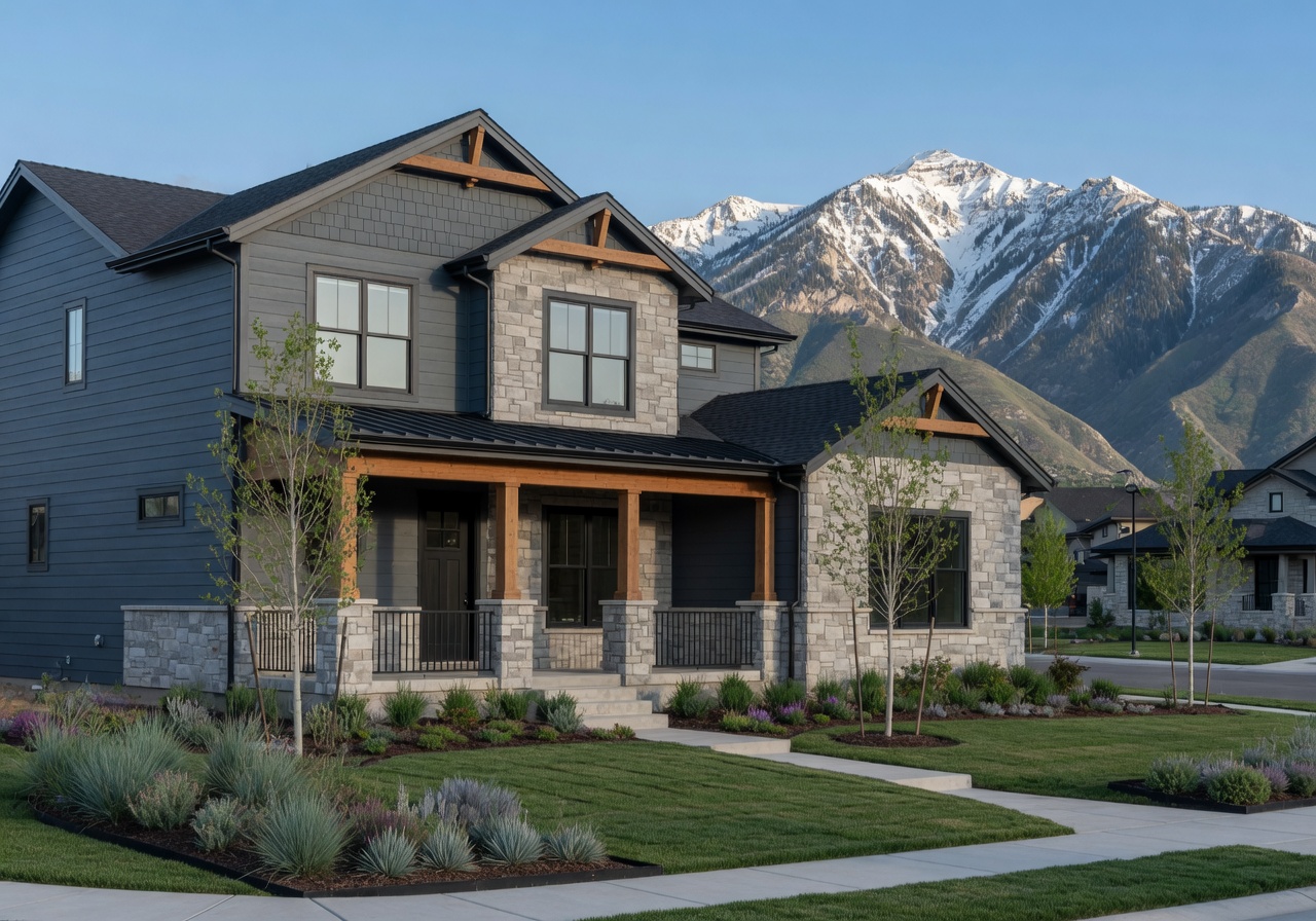 Luxury craftsman-style model home along the Wasatch Front with mountain background