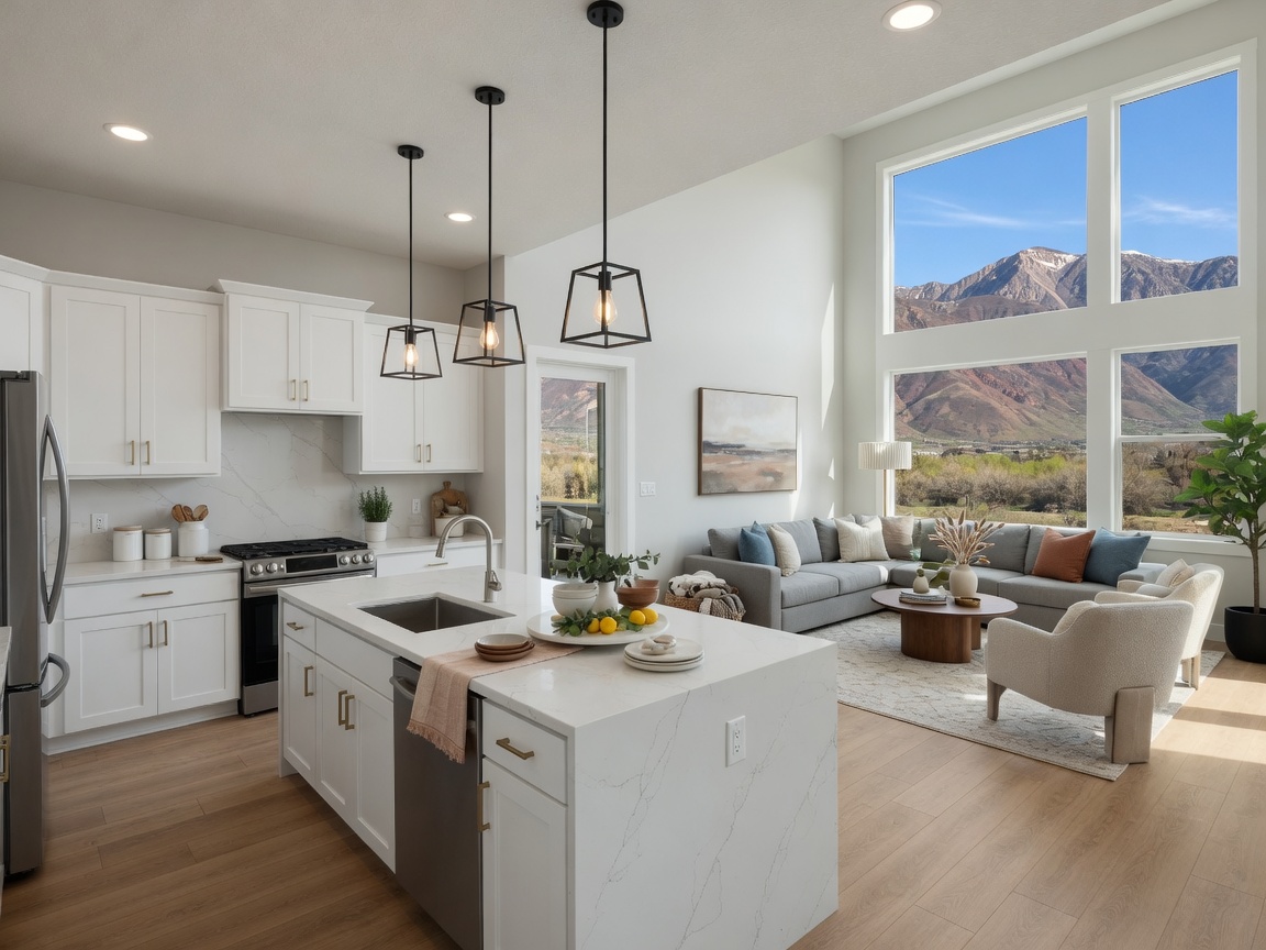 Modern model home interior with open-concept kitchen and mountain views in a Utah new construction home