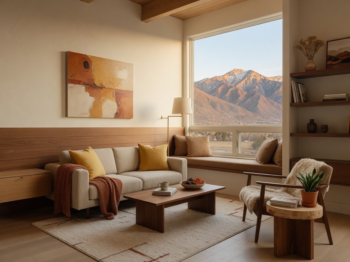 Thoughtfully designed downsized interior with warm natural light and mountain views through large windows