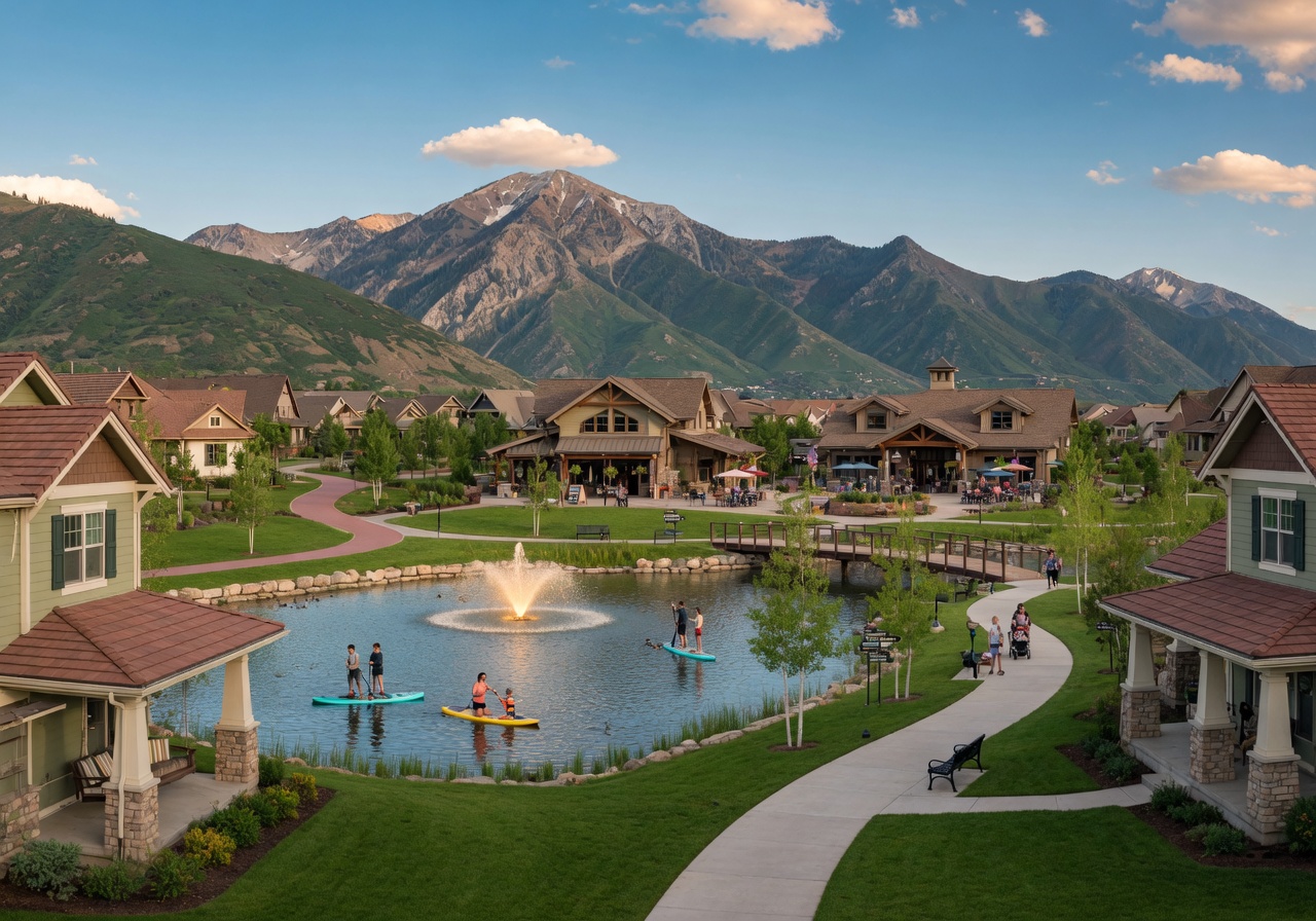 Daybreak community aerial view with Oquirrh Lake and mountains