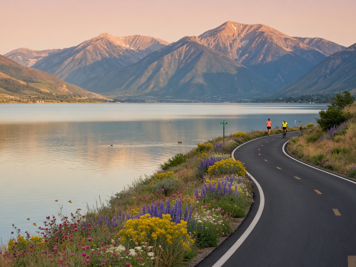 Lakeside trail along Utah Lake in Saratoga Springs with the Wasatch Mountains visible across the water at golden hour