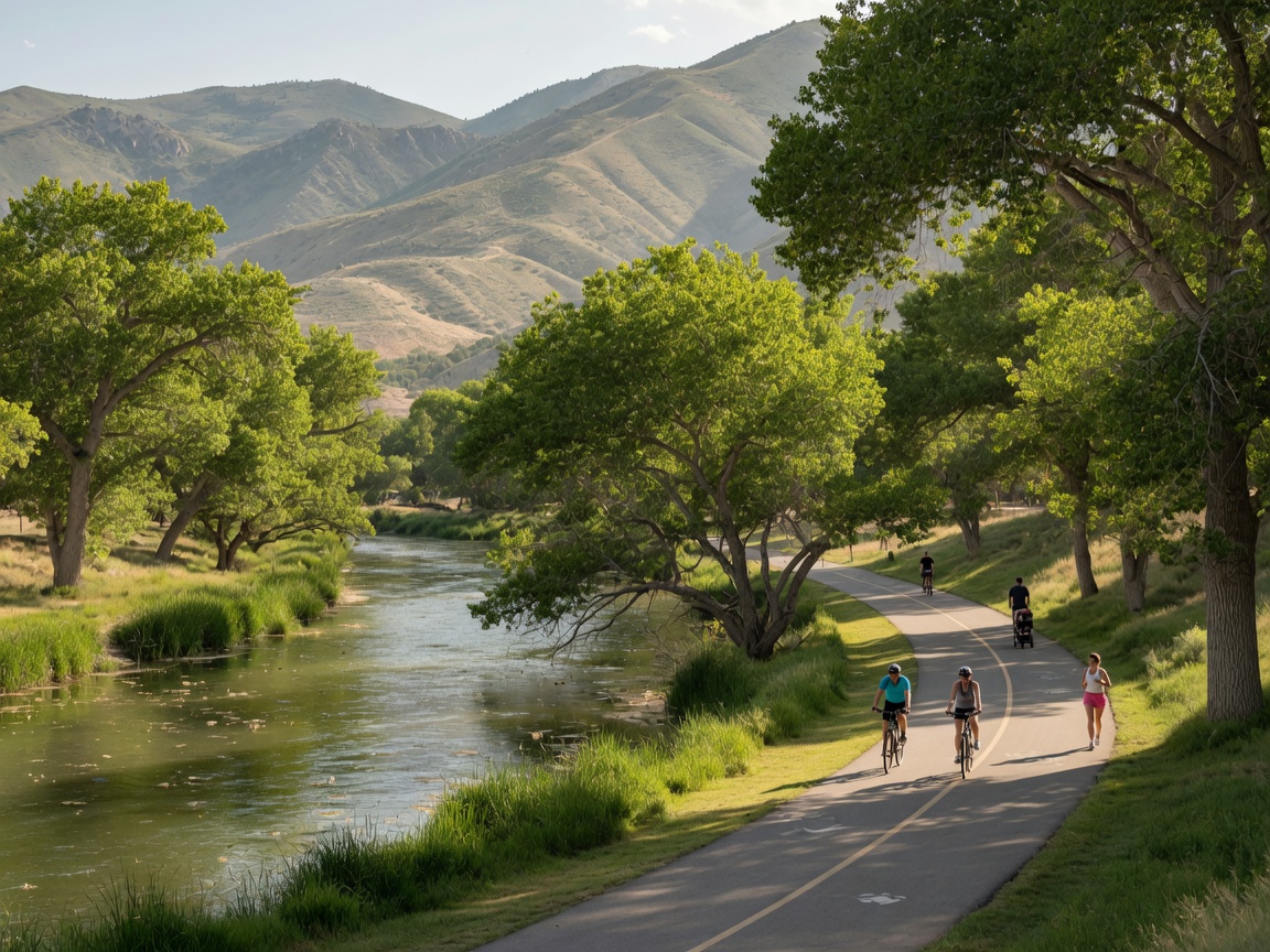 Jordan River Parkway trail in Lehi Utah with cyclists on a paved path alongside the river, mountains in the background