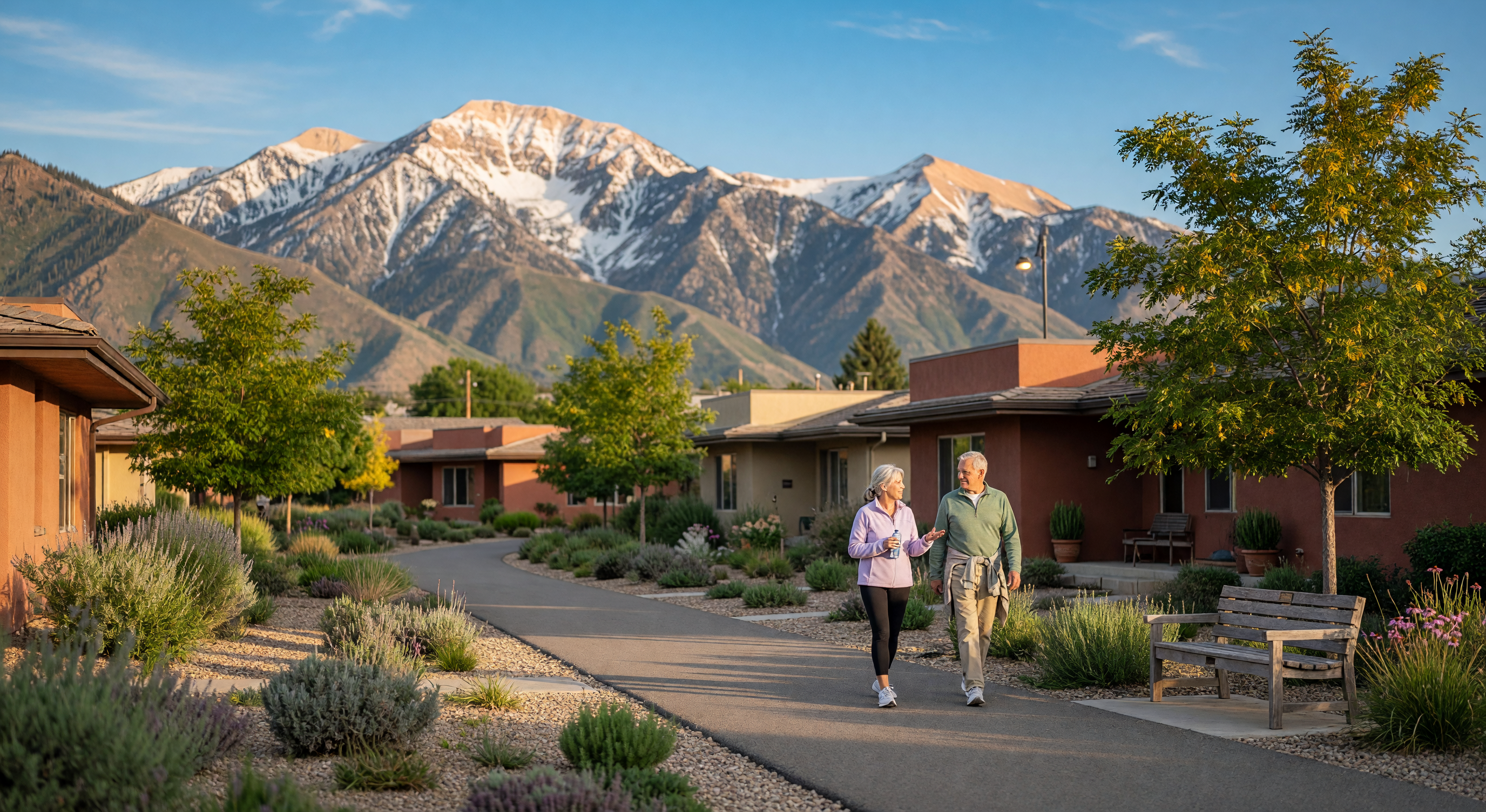 Active adult community trail with Wasatch Mountains in the background along Utah's Wasatch Front