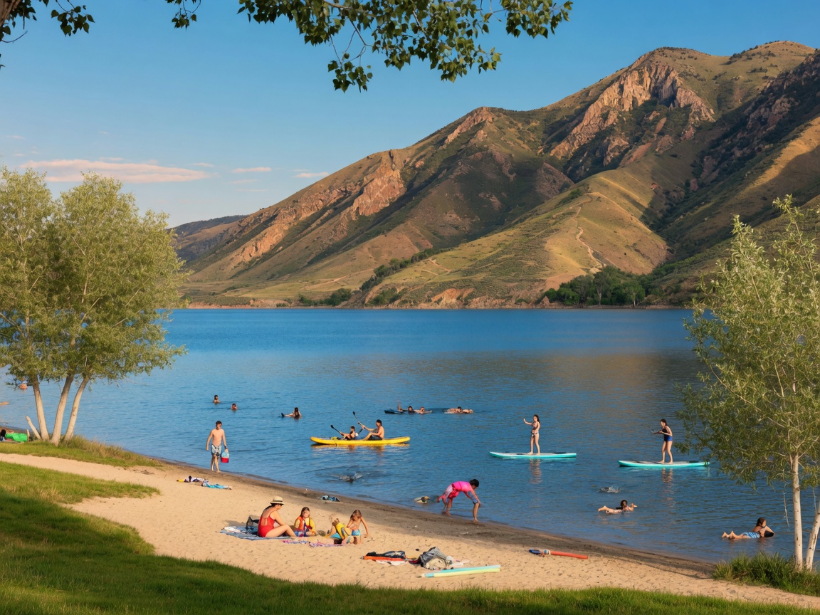 Blackridge Reservoir in Herriman Utah on a summer day with families enjoying water activities and mountain views