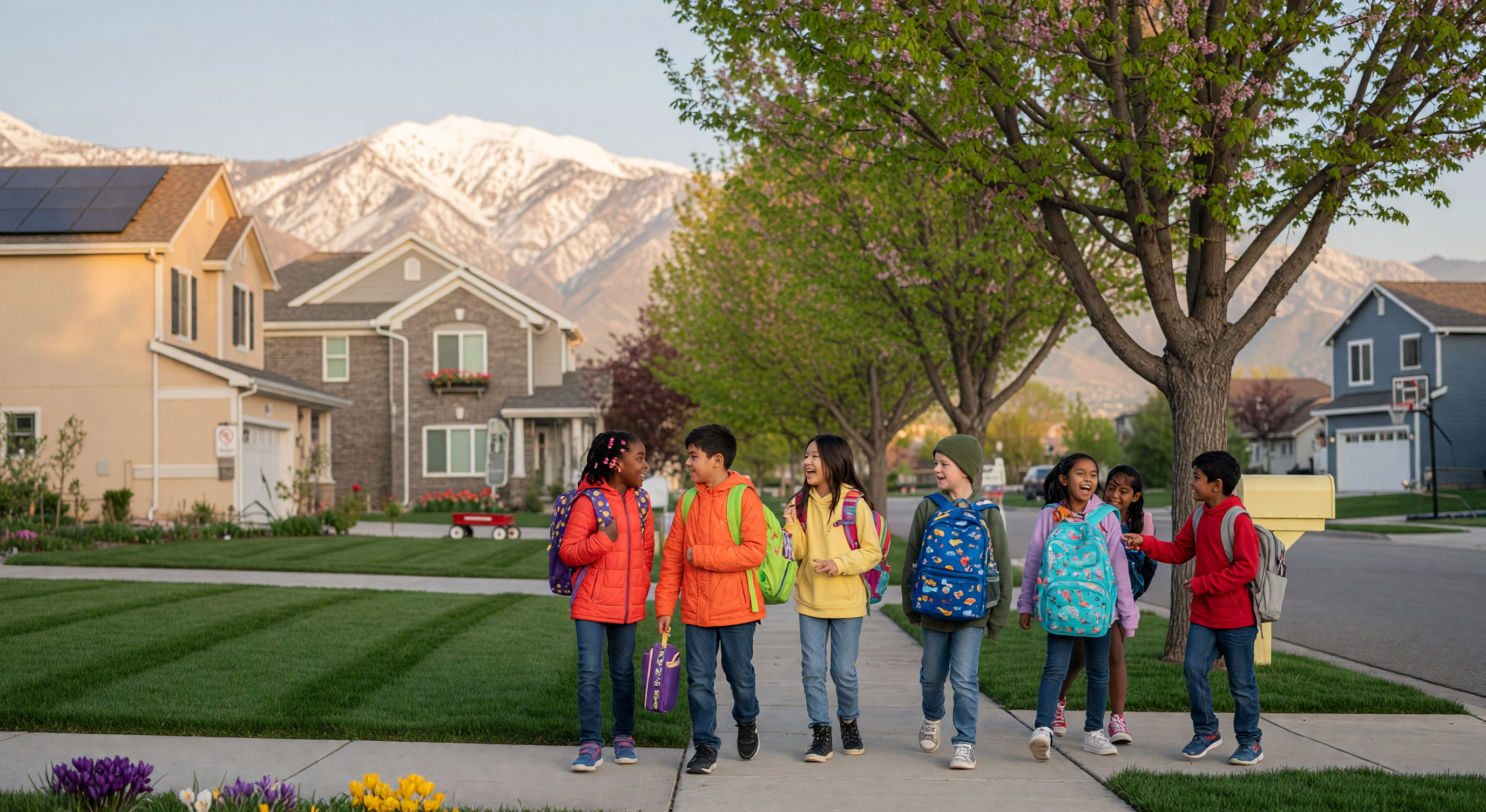 School children walking along a tree-lined sidewalk in a Utah neighborhood with the Wasatch Mountains in the background