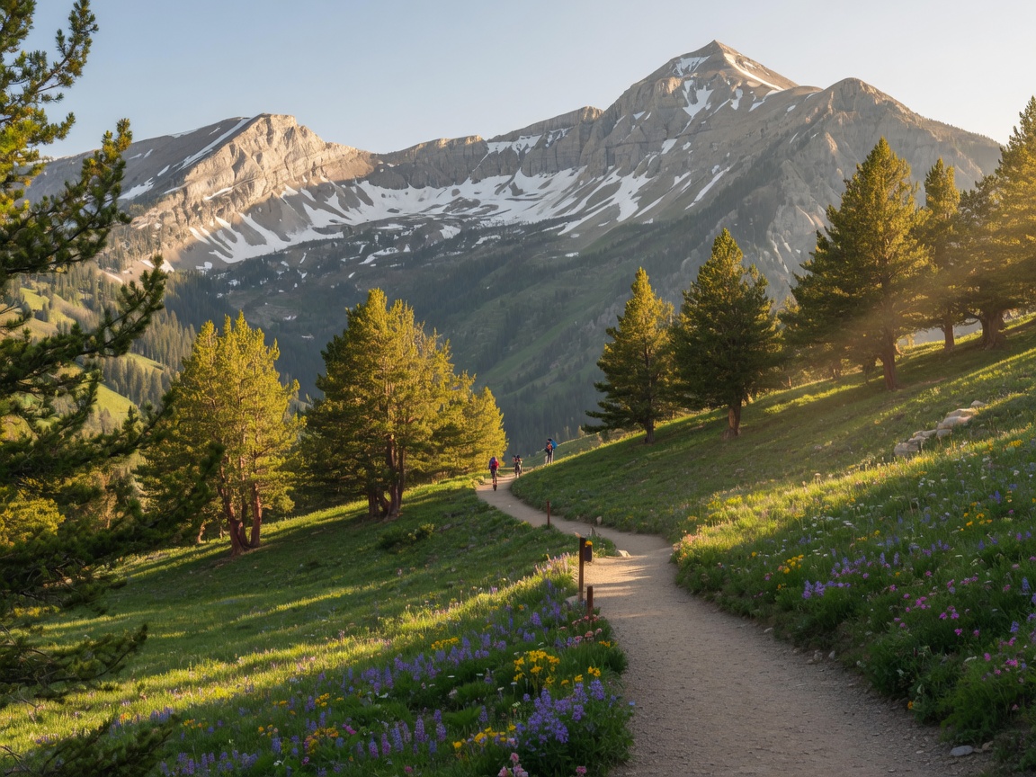 Scenic mountain trail near Alpine Utah with wildflowers and Wasatch Range peaks in the background